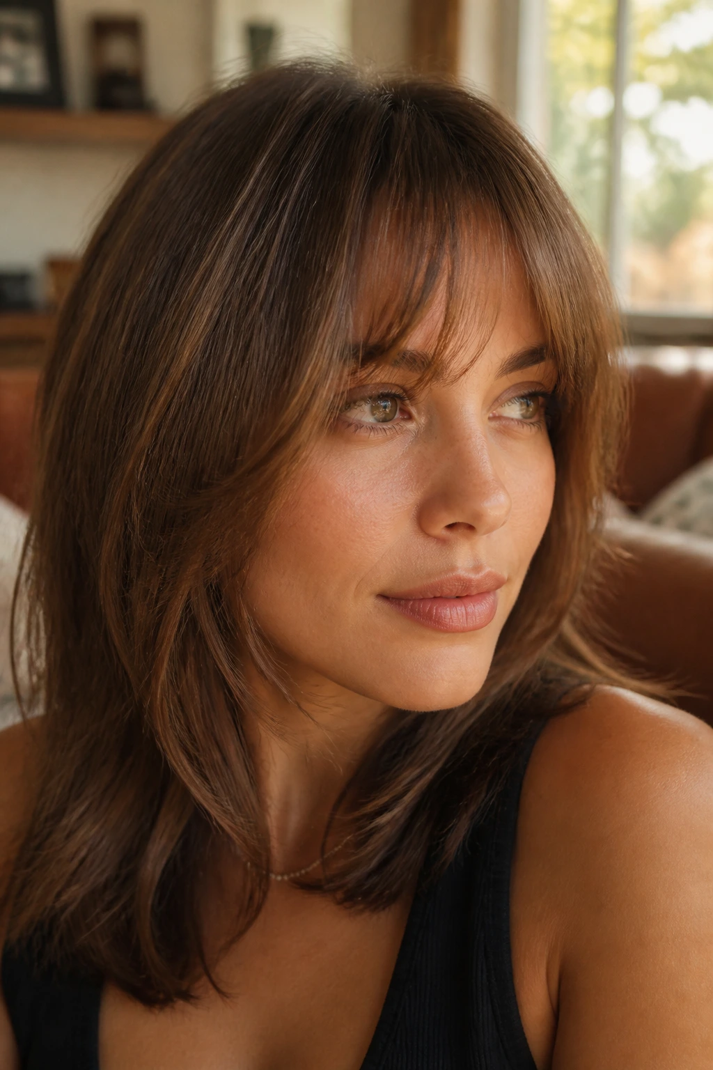 Close-up of a real woman with airy feathered fringe in a sunlit living room