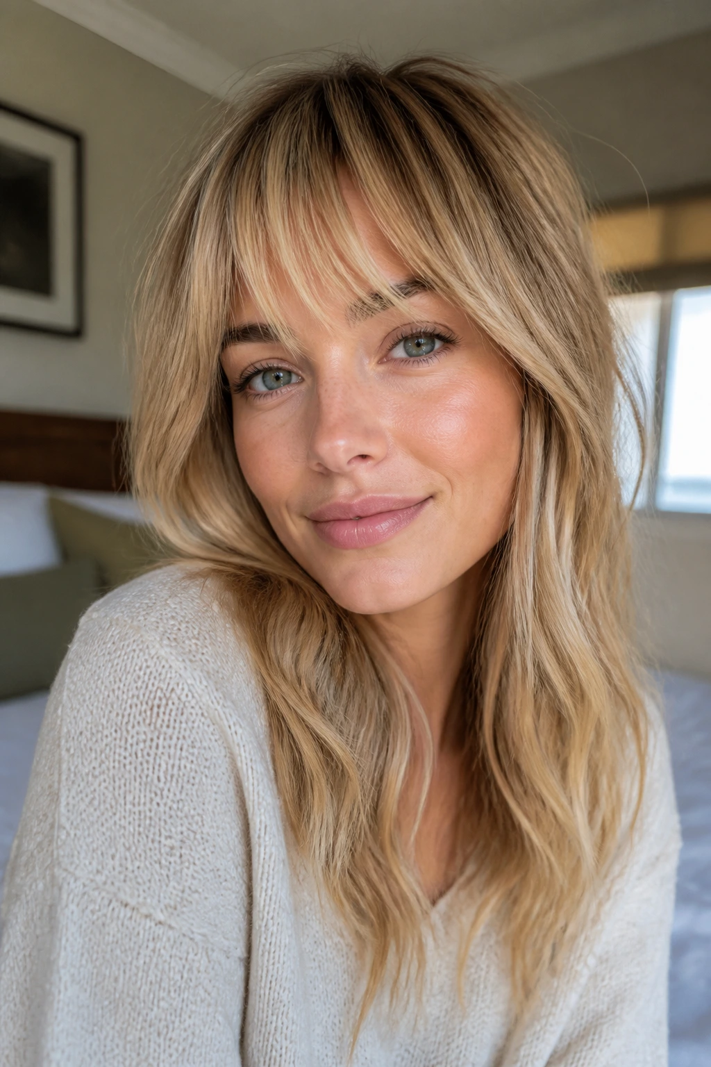 Close-up of a real woman with feathered fringe in soft window light