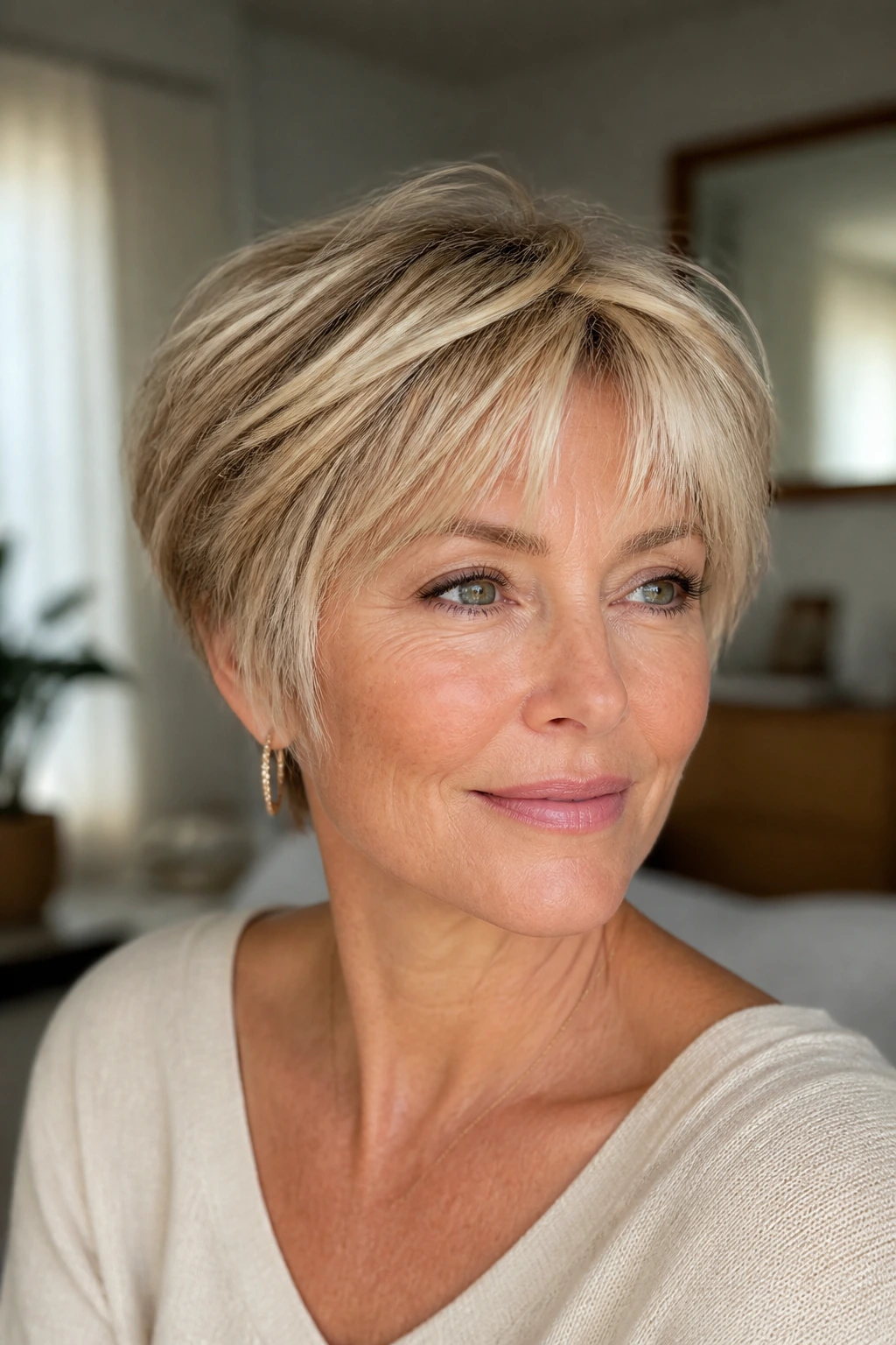 Fringe that keeps the cut light: feathered wispy fringe on real person