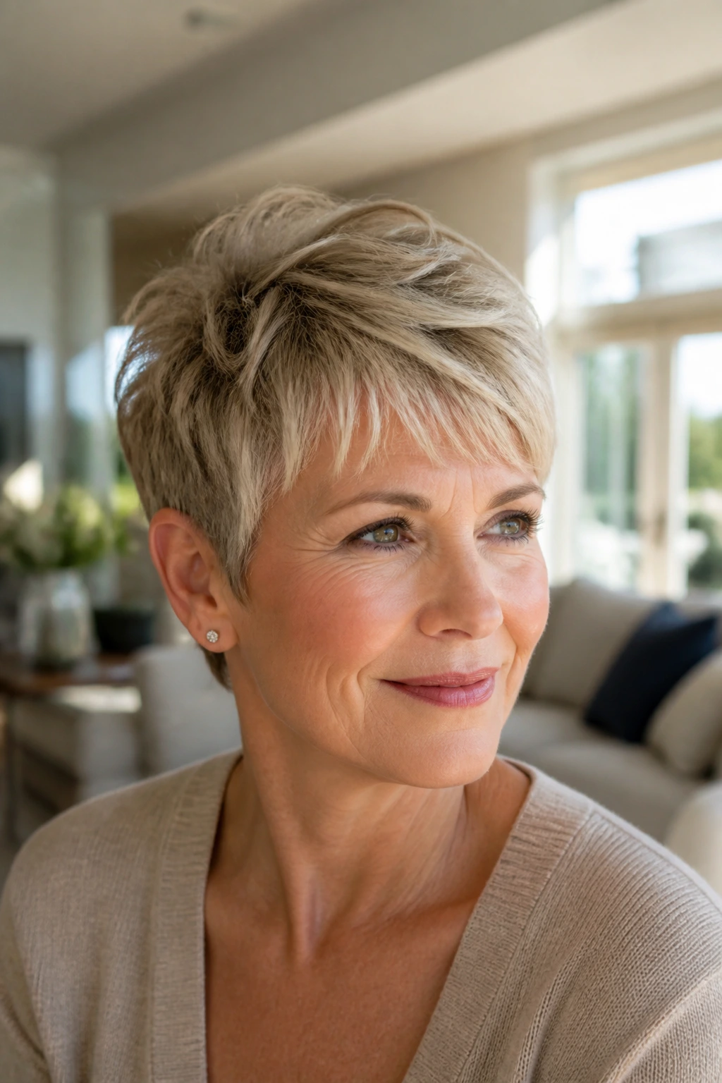 Woman with feathered fringe pixie hairstyle in bright living room light