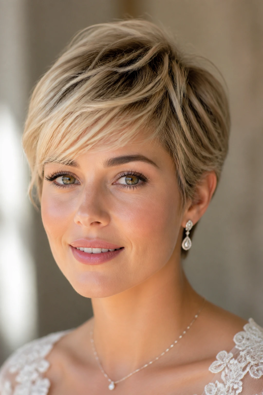 Close-up of a real bride with feathered fringe pixie and soft forehead sweep