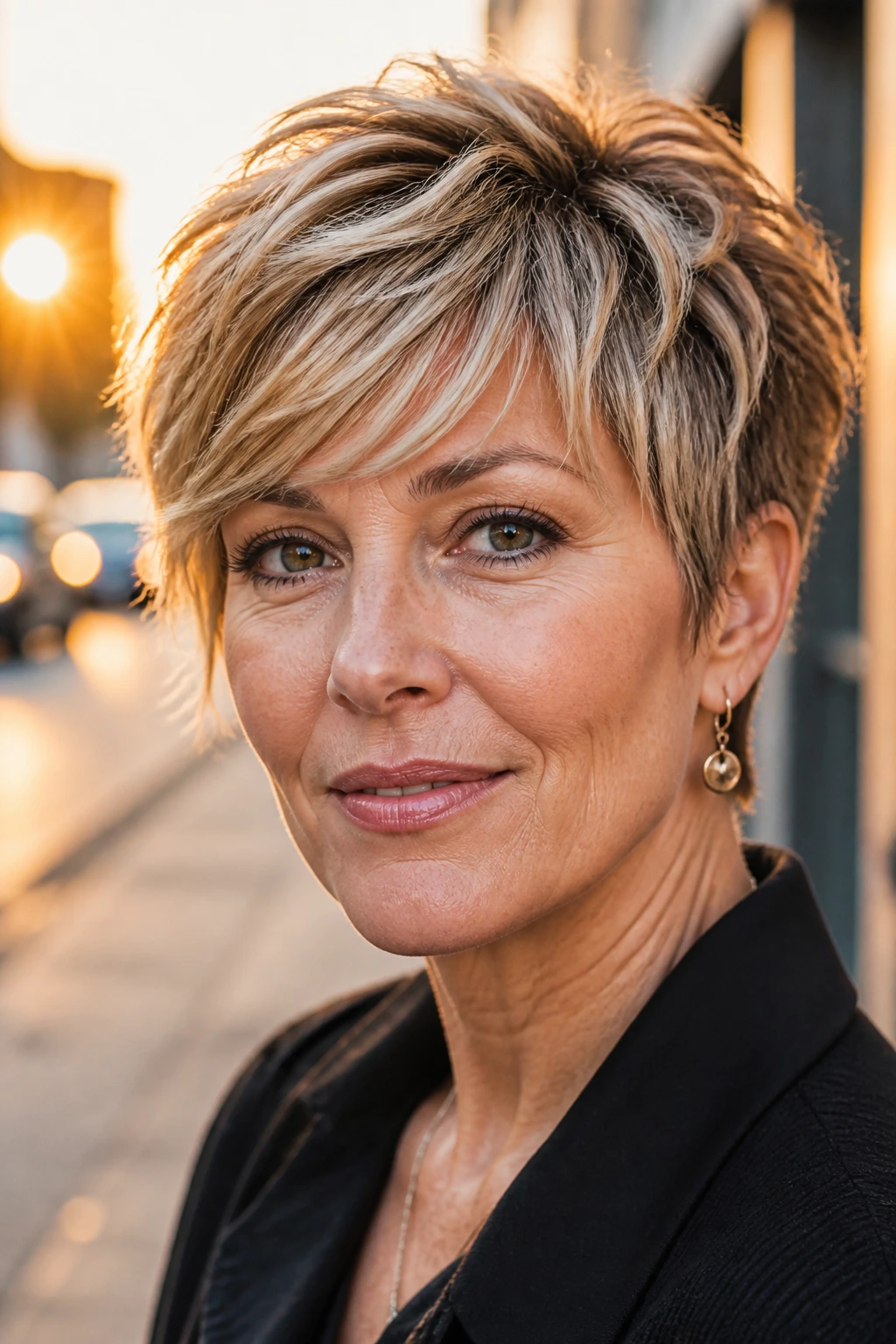 Portrait of a real woman with a feathered fringe pixie cutting in golden hour street light