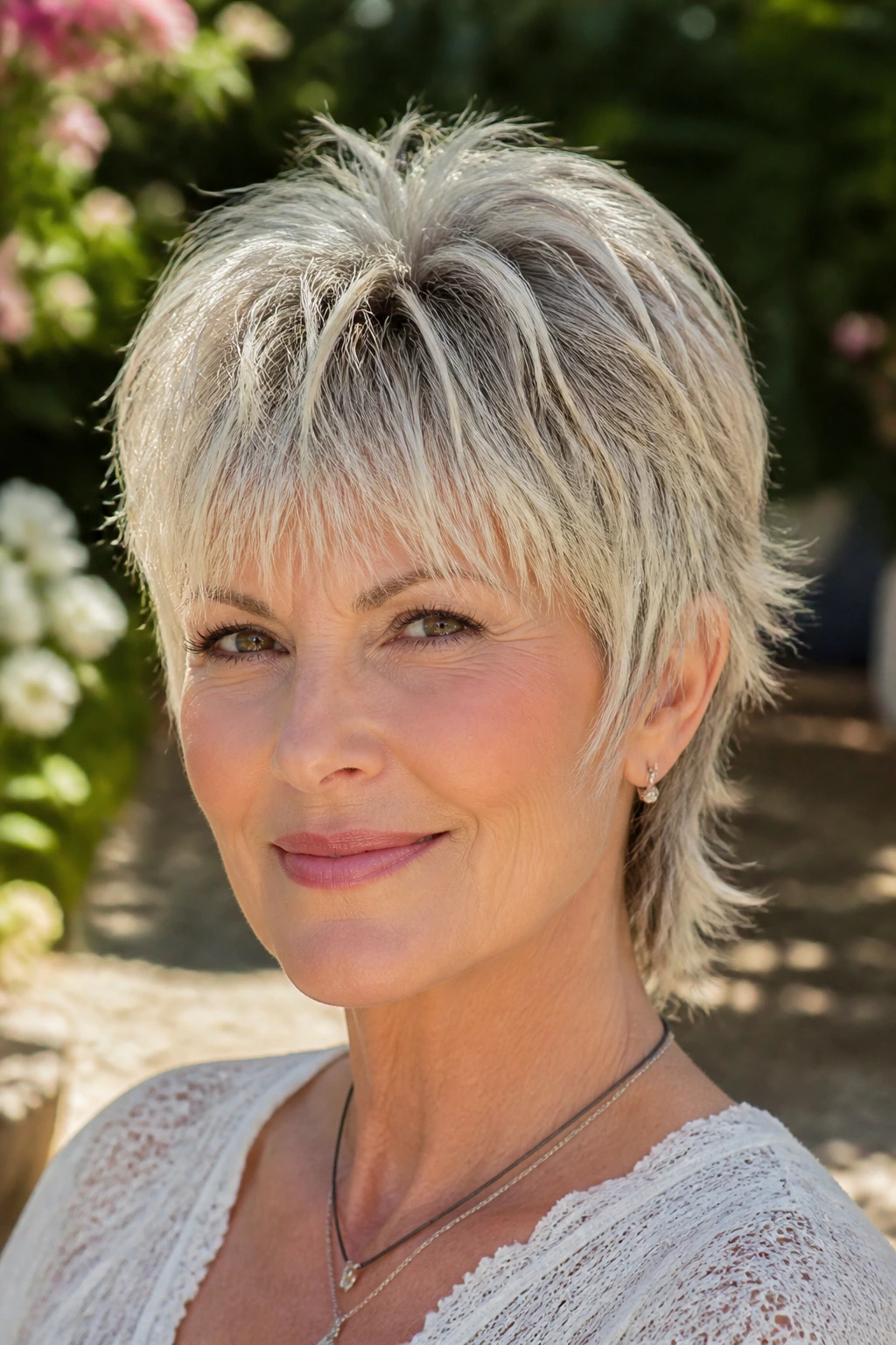 Close-up portrait of a real woman with feathered fringe pixie mullet and breezy fringe in soft outdoor light