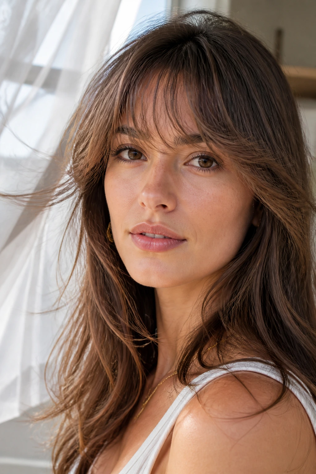 Close-up of a real woman with feathered fringe lifting off the brow