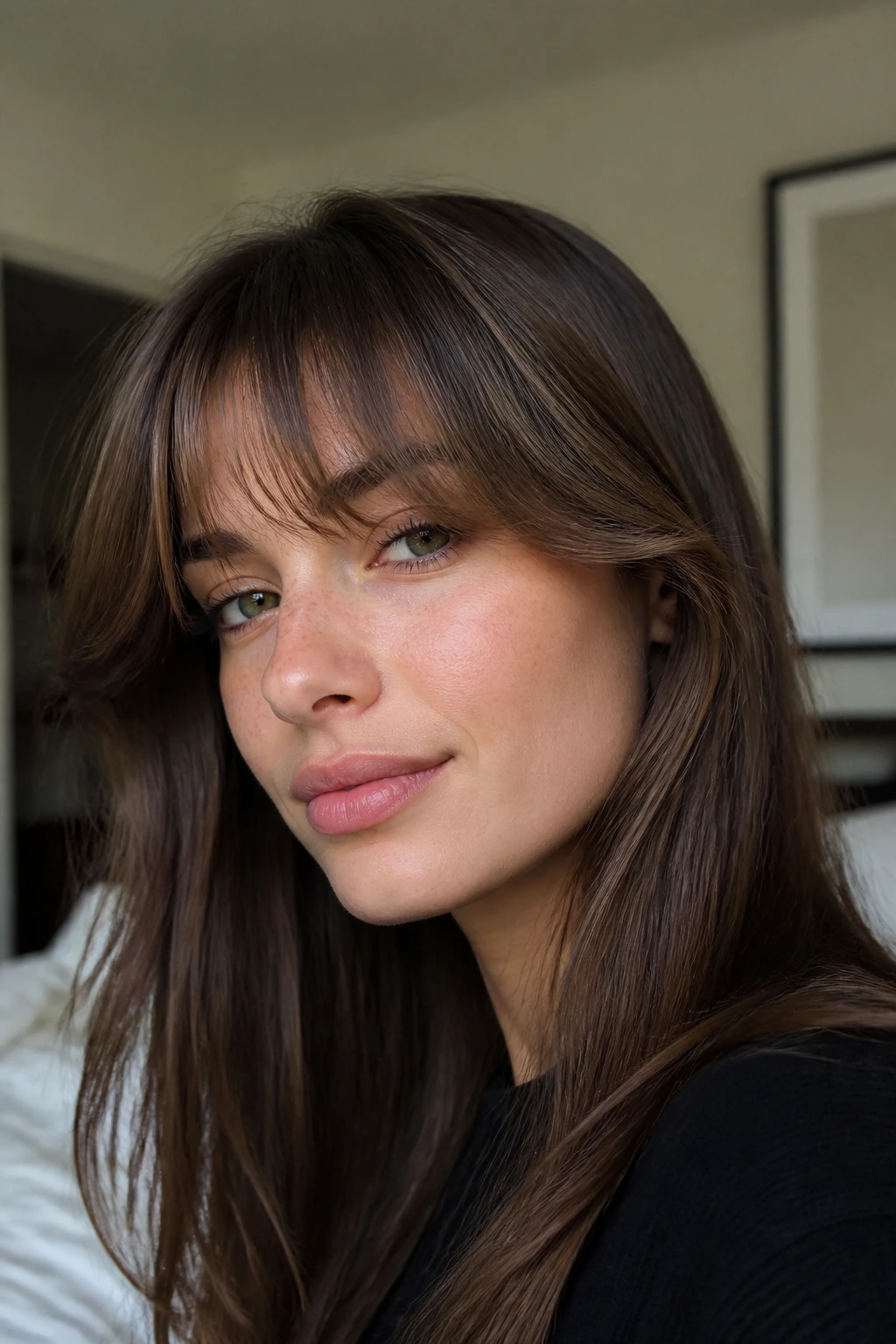 Close-up of a real woman with a feathered fringe flicking away from the forehead.