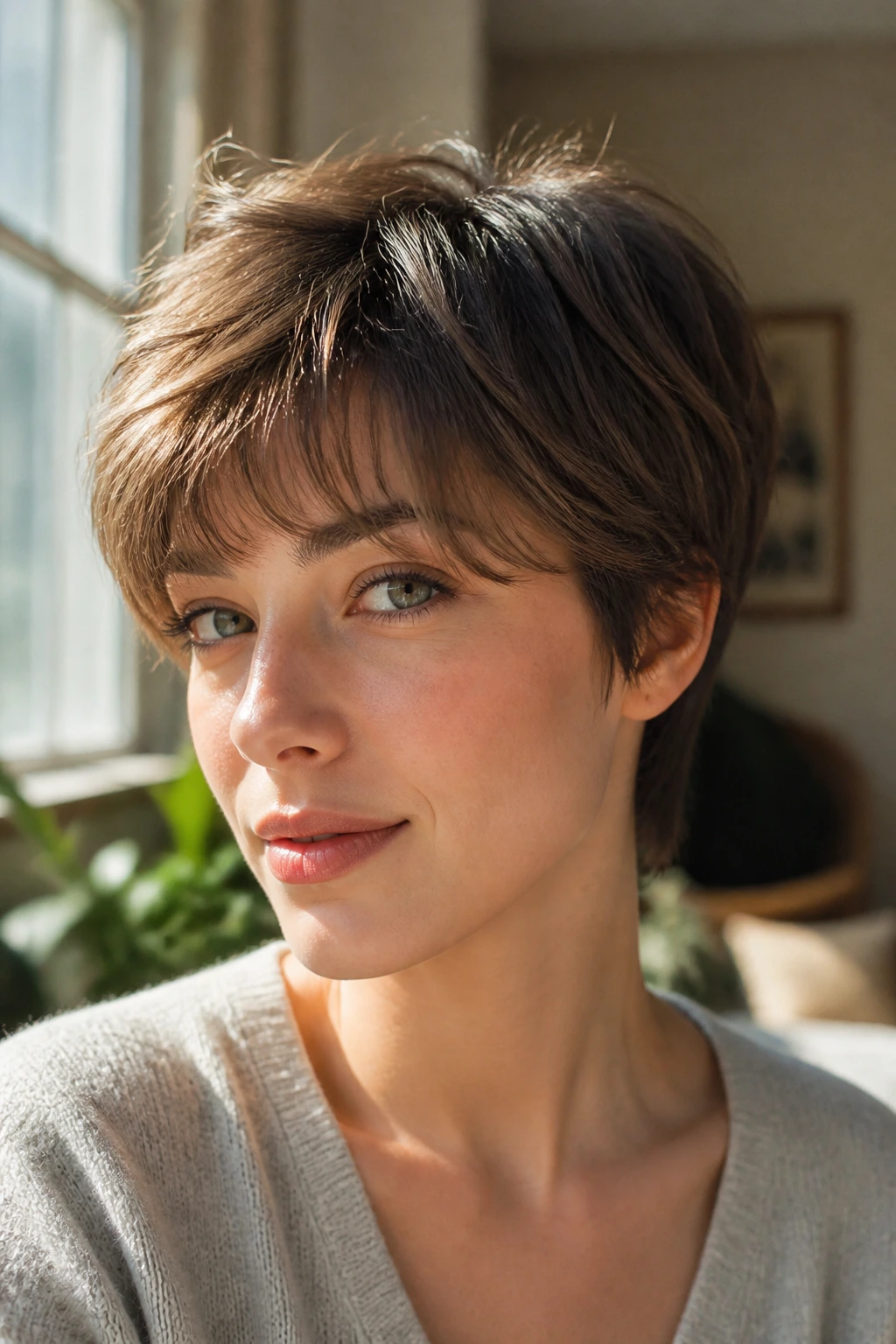 Close-up of a real person with feathered fringe softly framing the front.