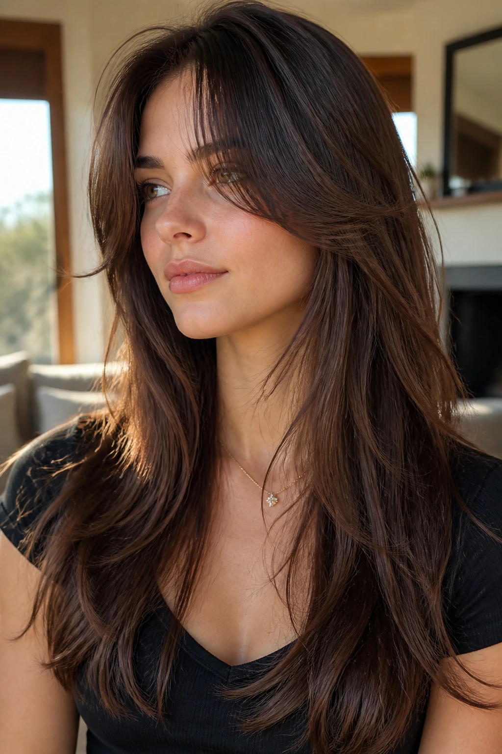 Close-up portrait of a real person with long feathered fringe and tapered ends moving away from the face.