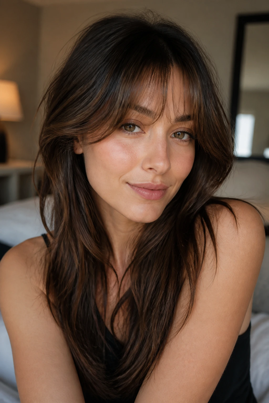 Close-up of a real woman with feathered fringe softening the forehead in warm light