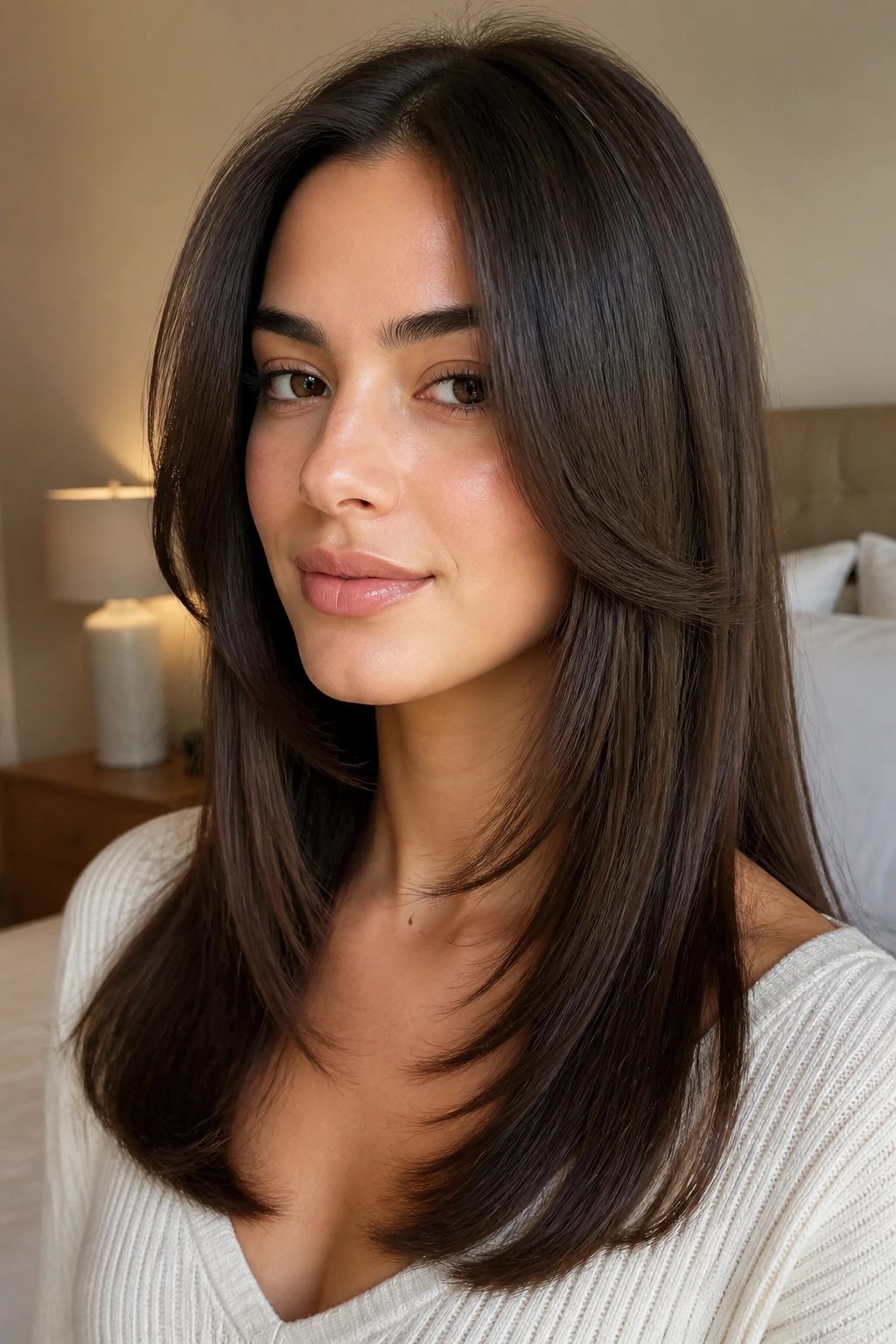 Close-up of a woman with feathered front corners on thick straight hair