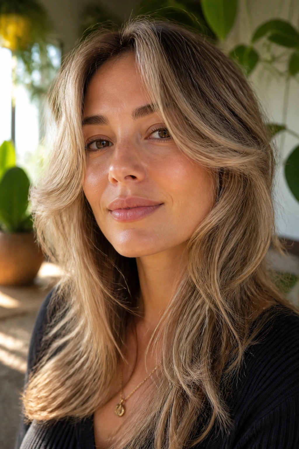 Portrait of a real woman with feathered front ends in soft light.