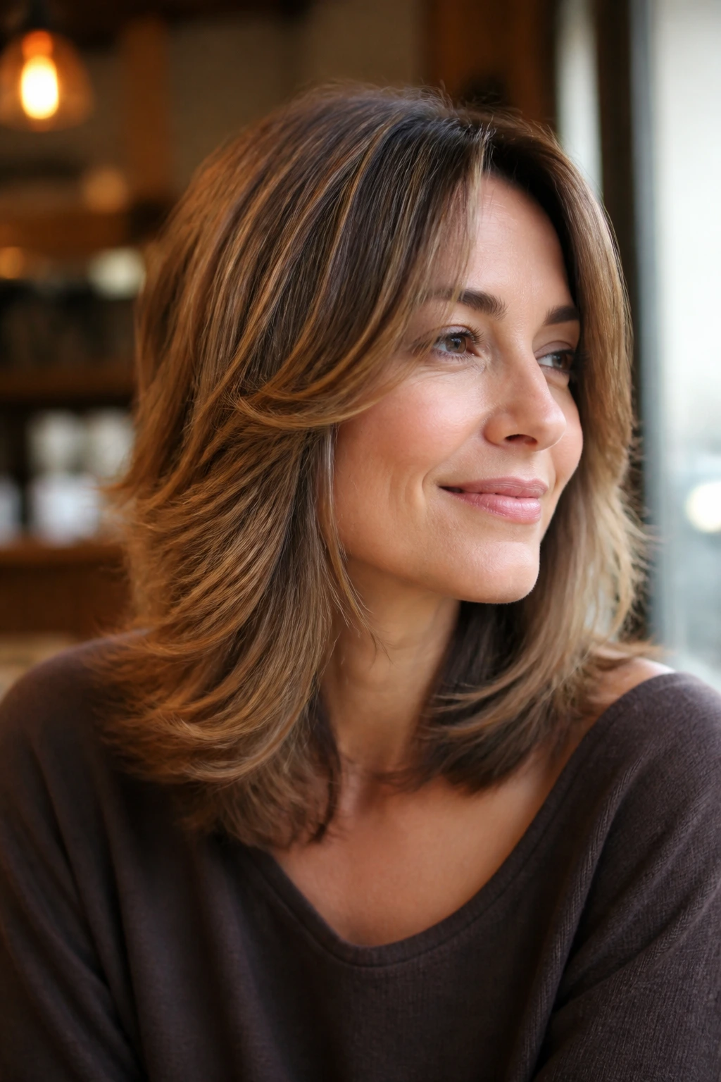 Real woman with shoulder-length feathered grow-out cut