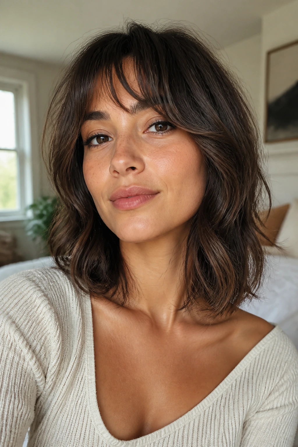 Close-up of a real woman with wavy collarbone-length feathering and Bardot bangs in warm bedroom light