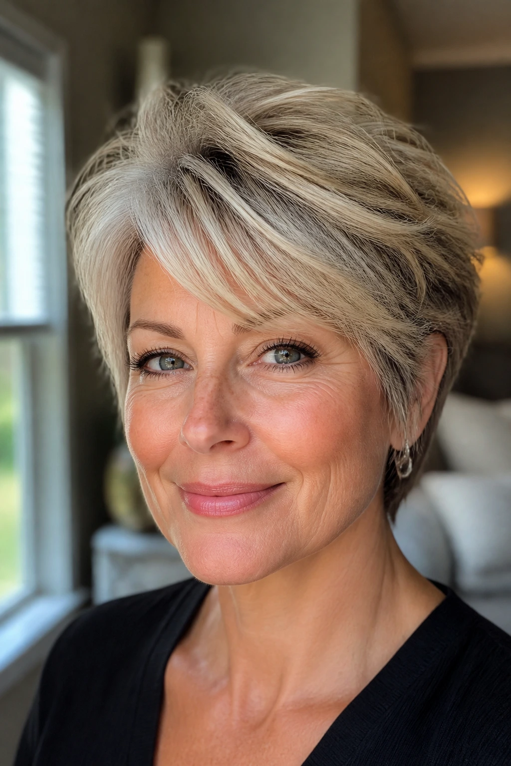 Close-up of a real woman with a lifted crown feathered short hairstyle that holds its shape