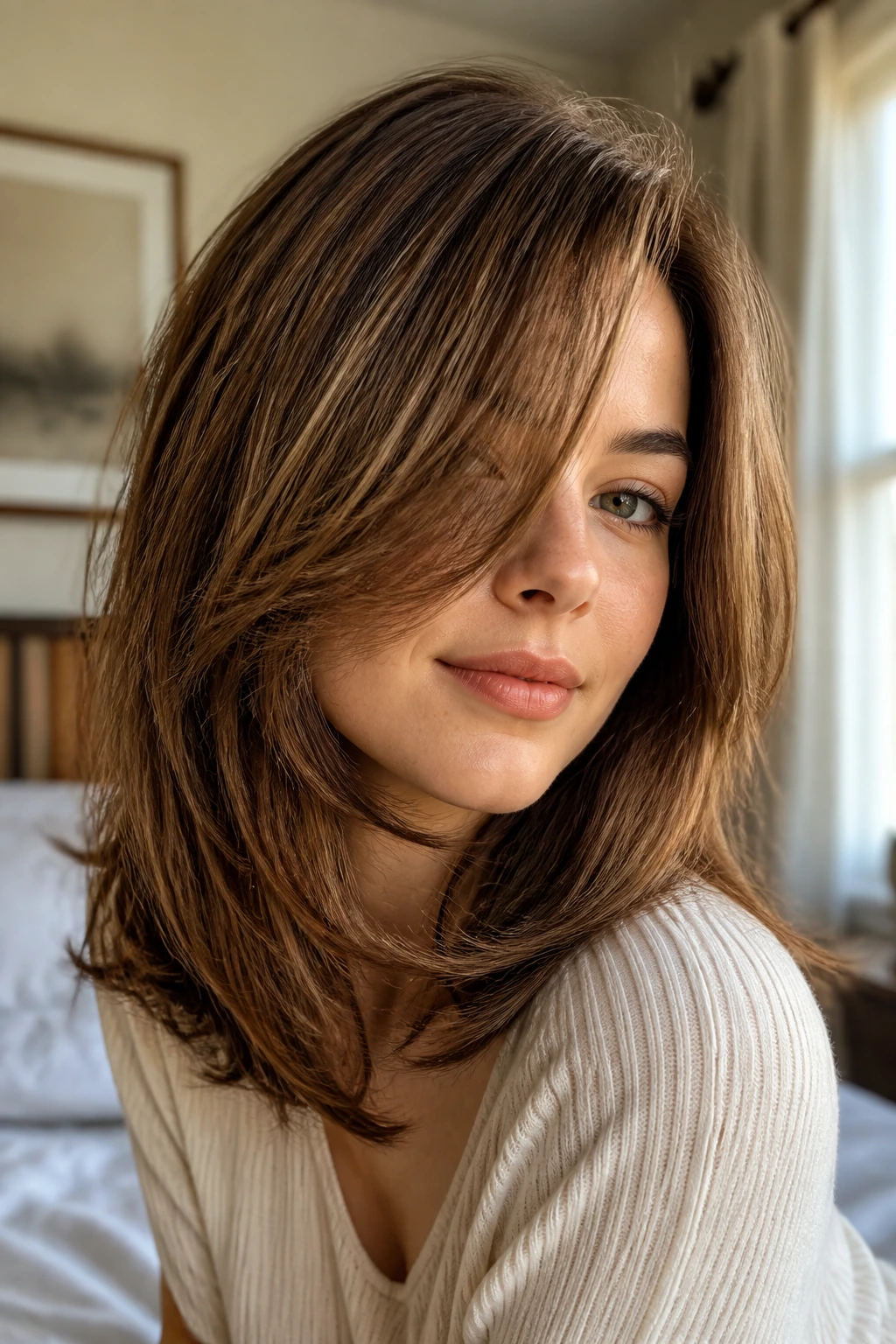 Close-up portrait of a woman with long side bangs and medium feathered hair.