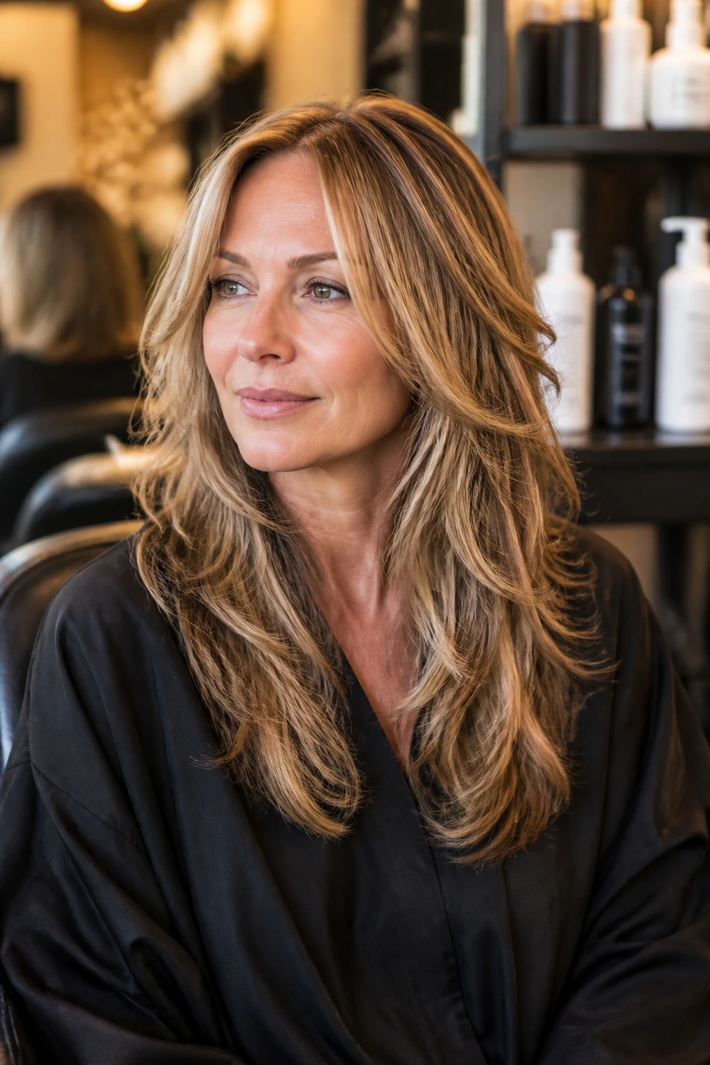 Real woman with feathered haircut in a stylish salon setting