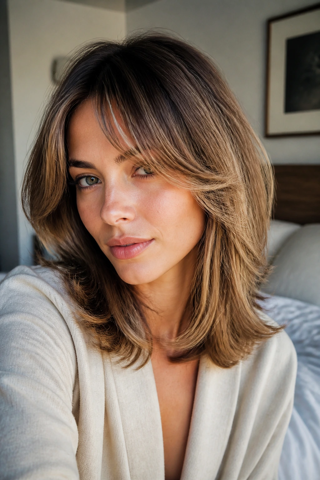 Close-up portrait of woman with feathered hair and soft edge in natural window light