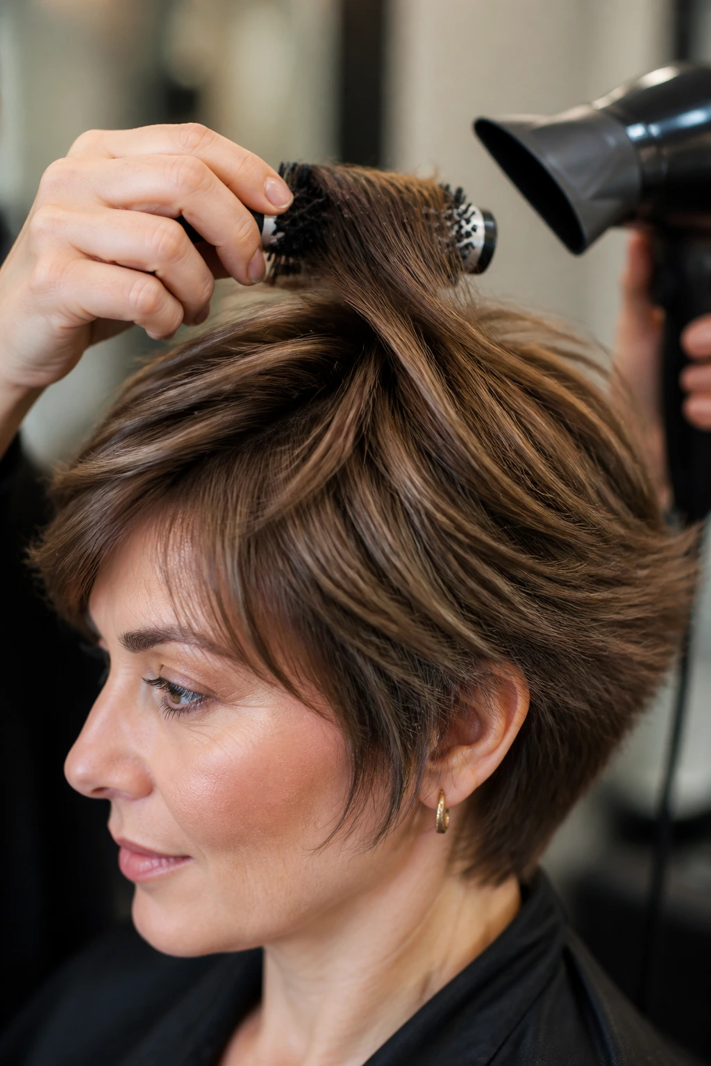 Close-up of a head with feathered short hair while hands hold a round brush near the crown