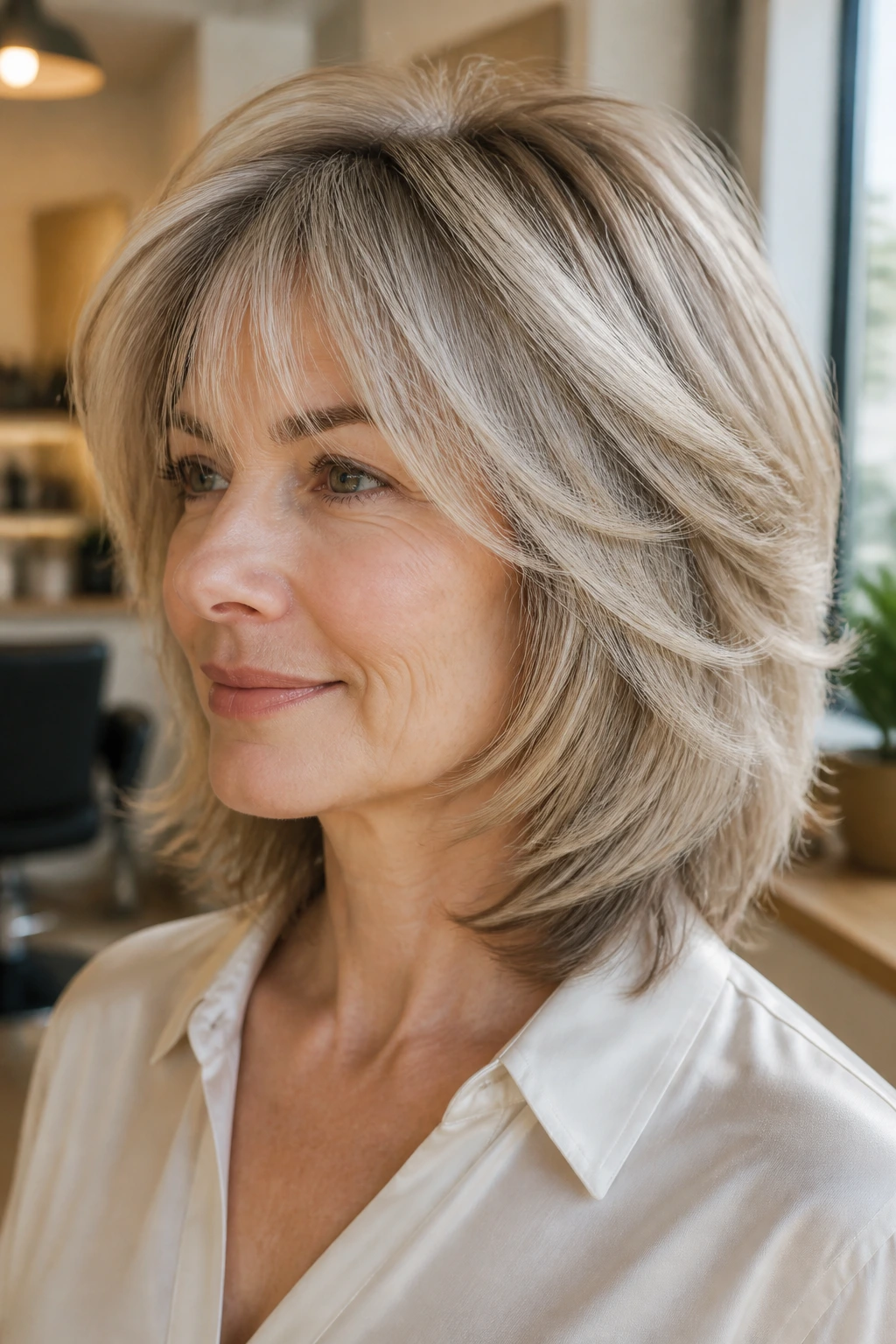 Close-up portrait of a real woman with feathered cut for fine hair and lift at the crown