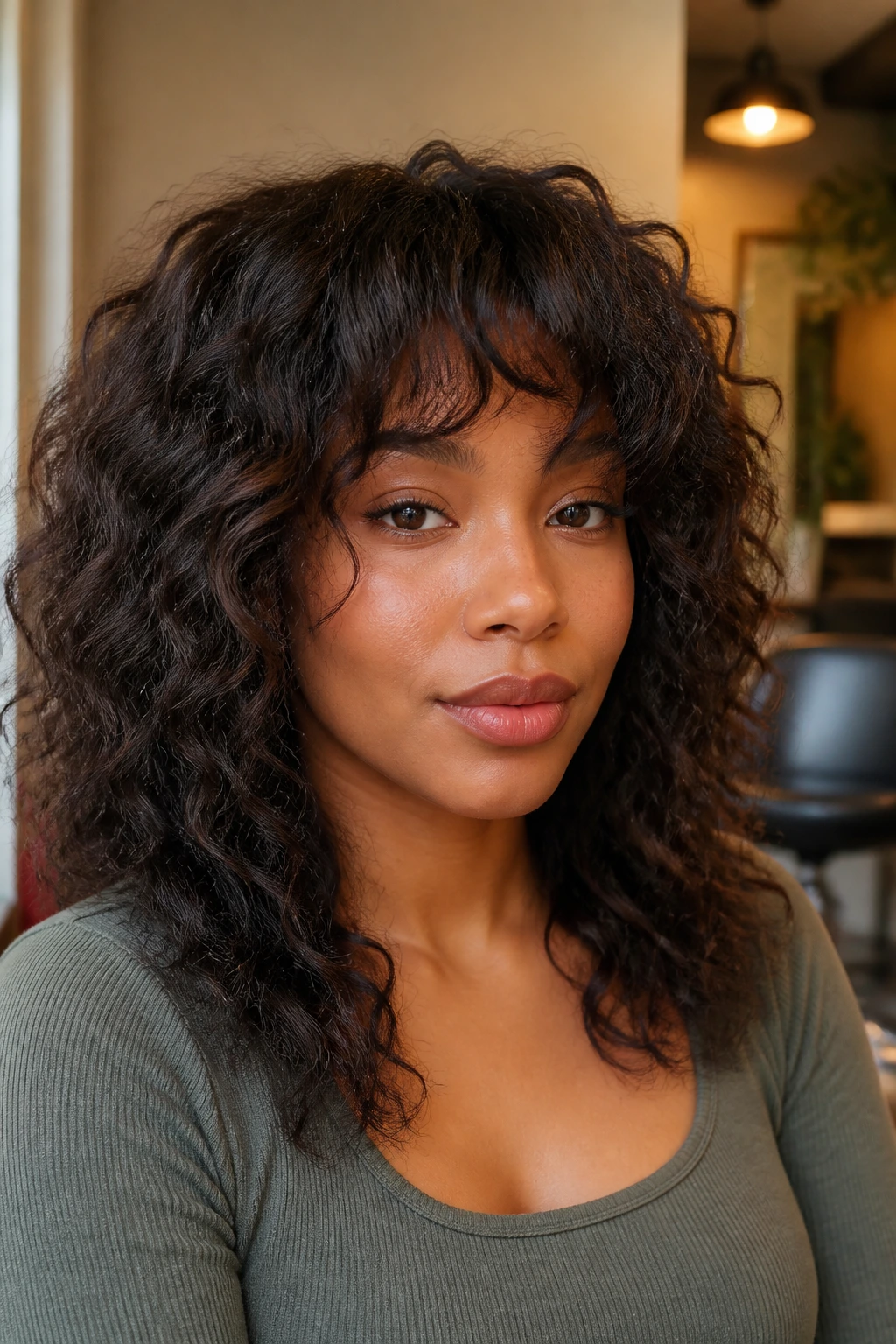 Close-up of a woman with natural textured waves and blended bangs