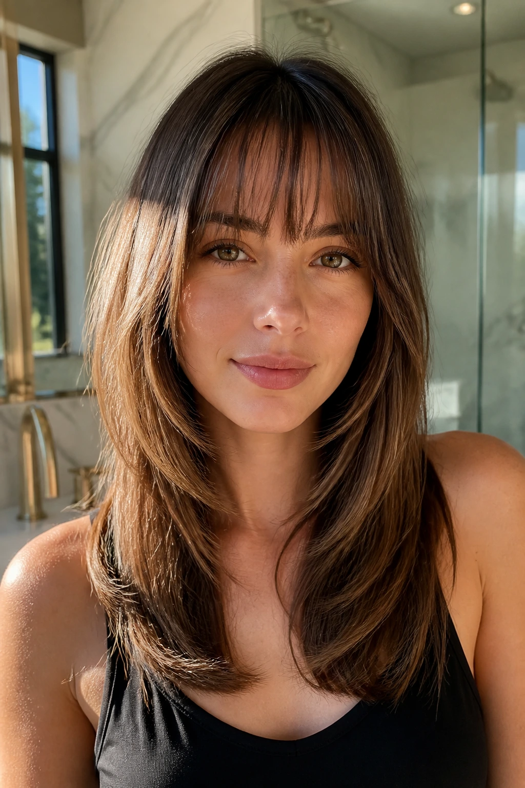 Close-up of a woman with a feathered cut and thin fringe in natural window light