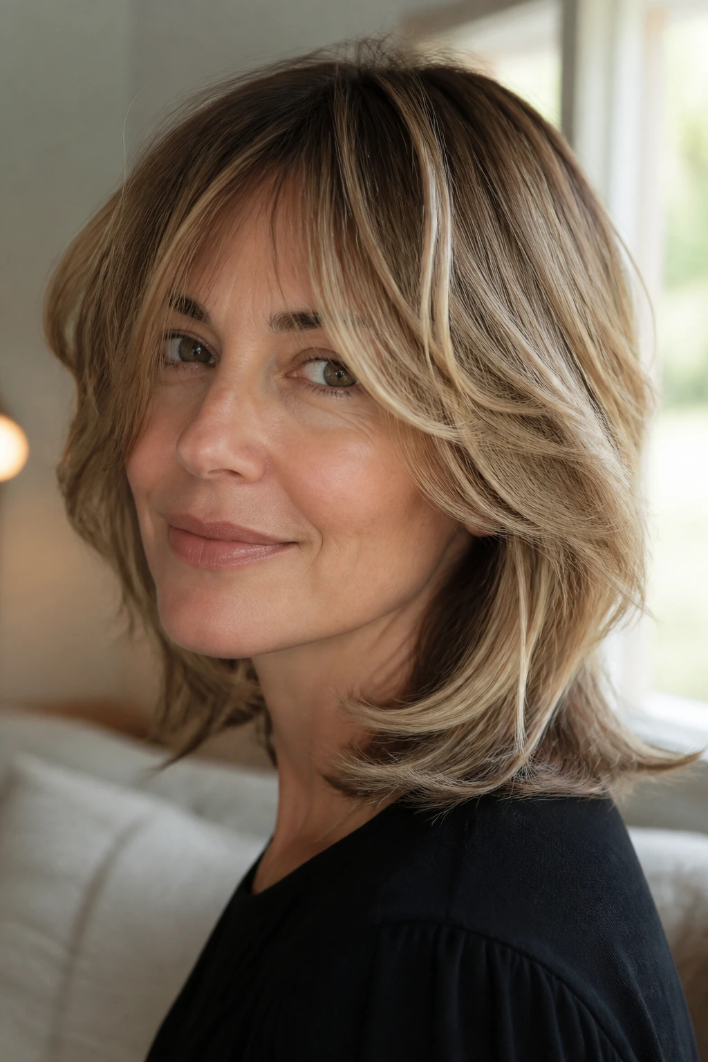 Close-up of a real woman with a feathered hairstyle showing soft movement and reduced bulk