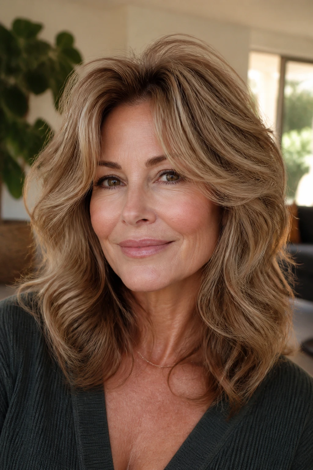 Close-up headshot of a woman with halo layers around the crown