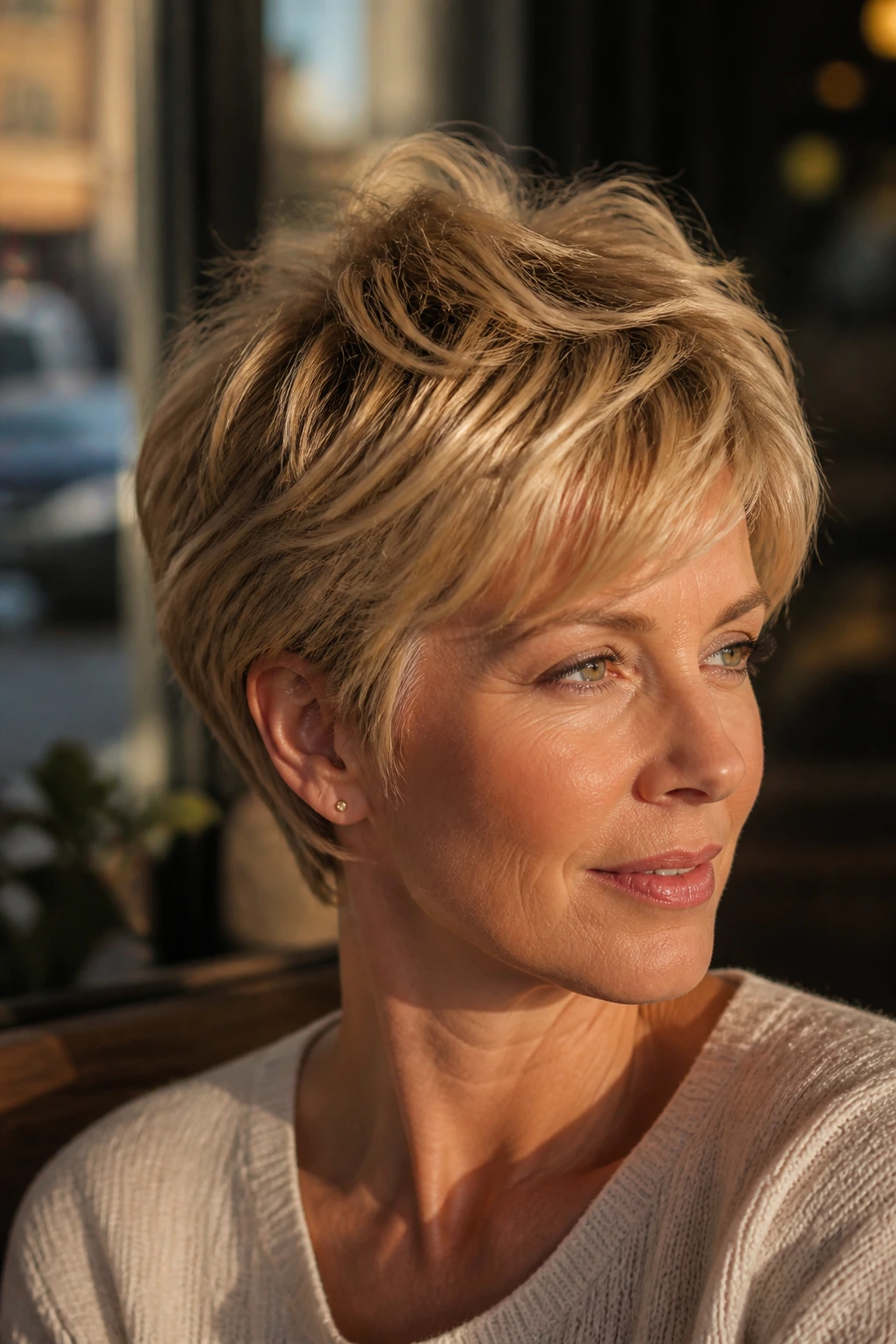 Close-up of a real woman's feathered honey blonde crop hair