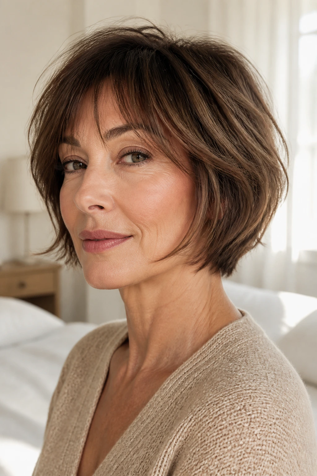 Close-up of a real woman with feathered jawline bob skimming the cheeks in bright morning light