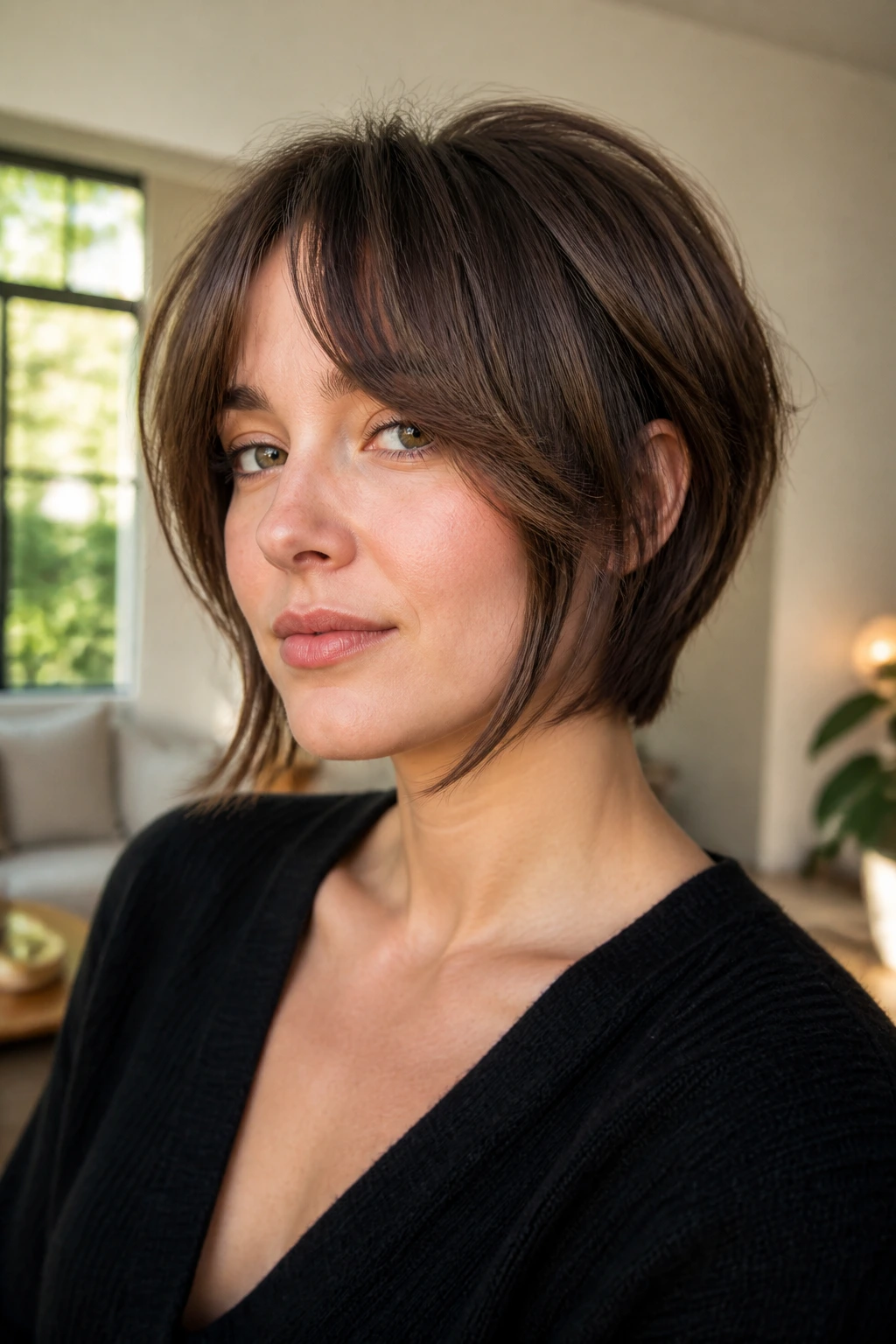 Close-up portrait of a real woman with feathered jawline fringe