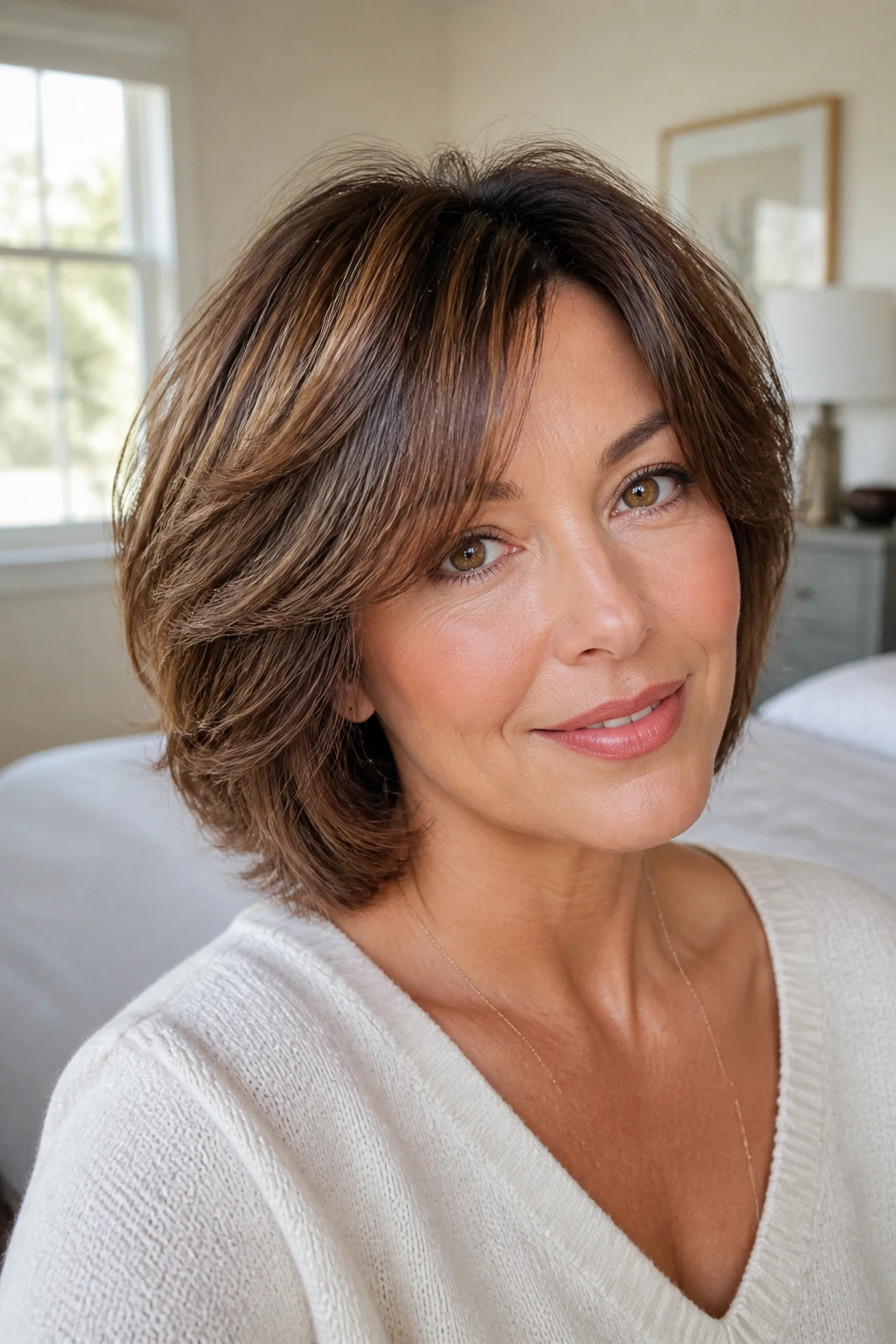 Close-up portrait of a woman with a feathered layer bob.