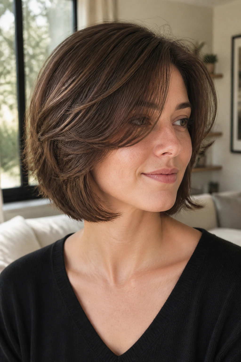 Close-up of a real woman with feathered layers creating movement in a bob