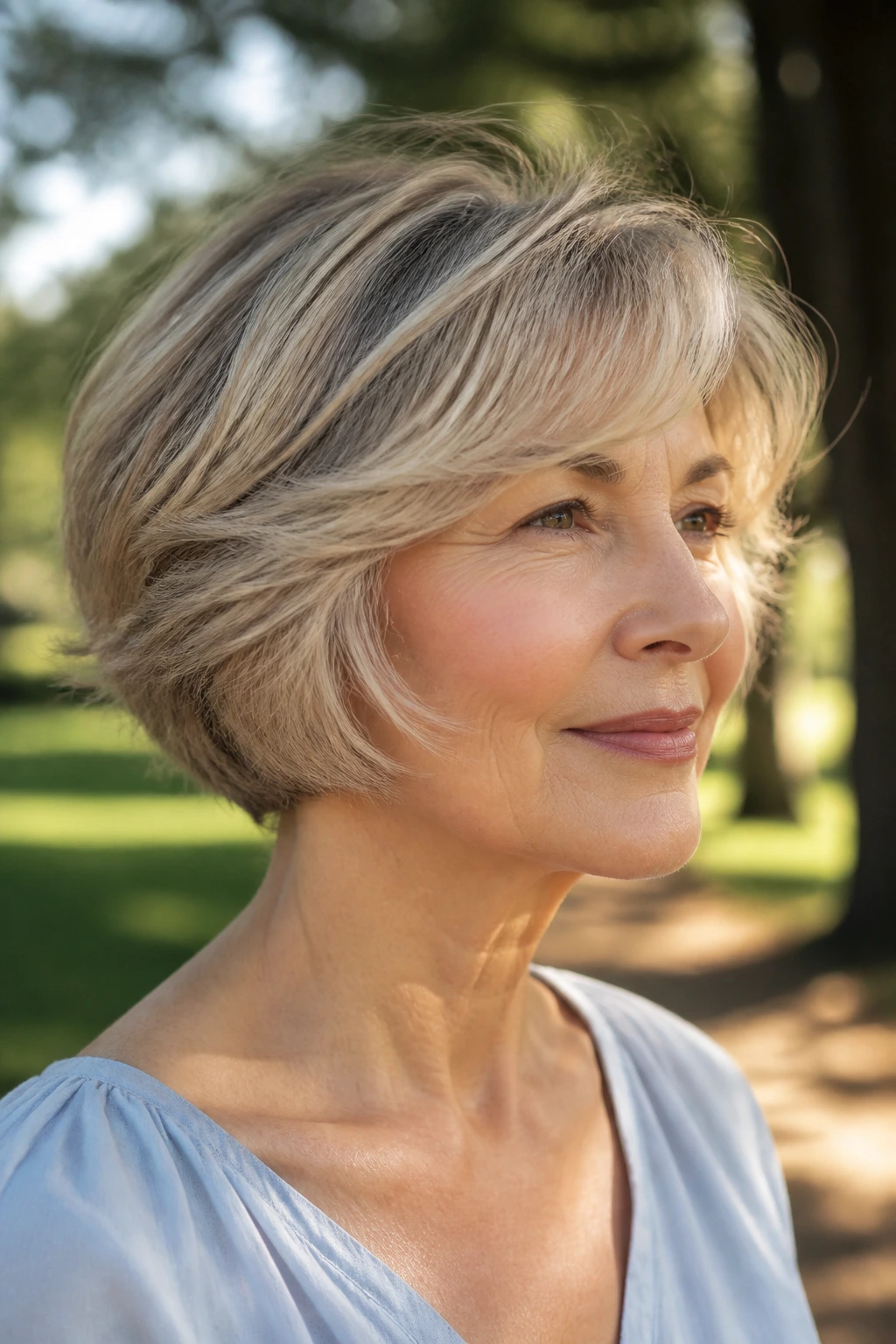 Older woman with a feathered layered bob showing movement.