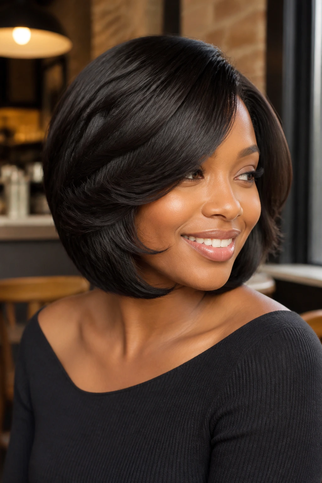 Feathered layered bob close-up on a real woman with movement