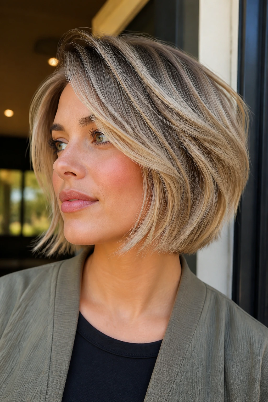 Close-up of a feathered layered bob on a real person