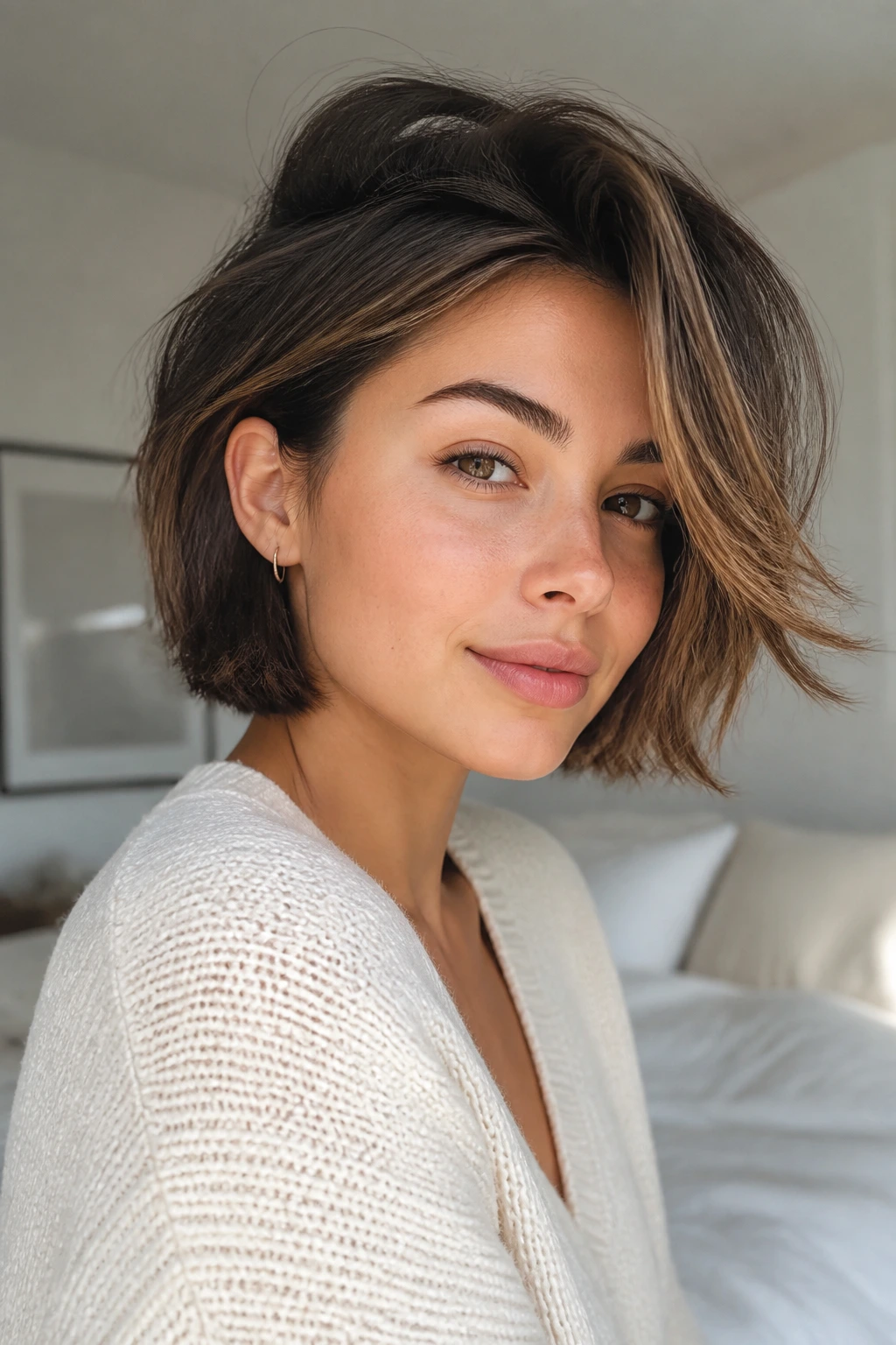 Close-up of a real woman with a soft feathered layered bob