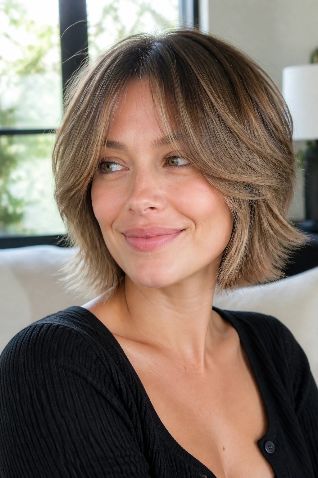 Close-up portrait of a real woman with a feathered layered bob and light curtain bangs