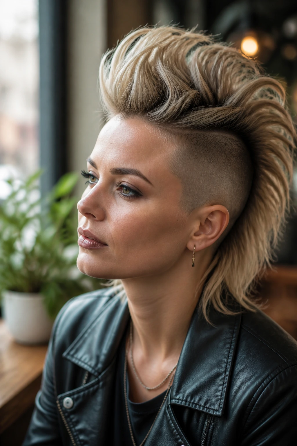 Close-up of a woman with feathered layered mohawk in a sunny cafe setting.