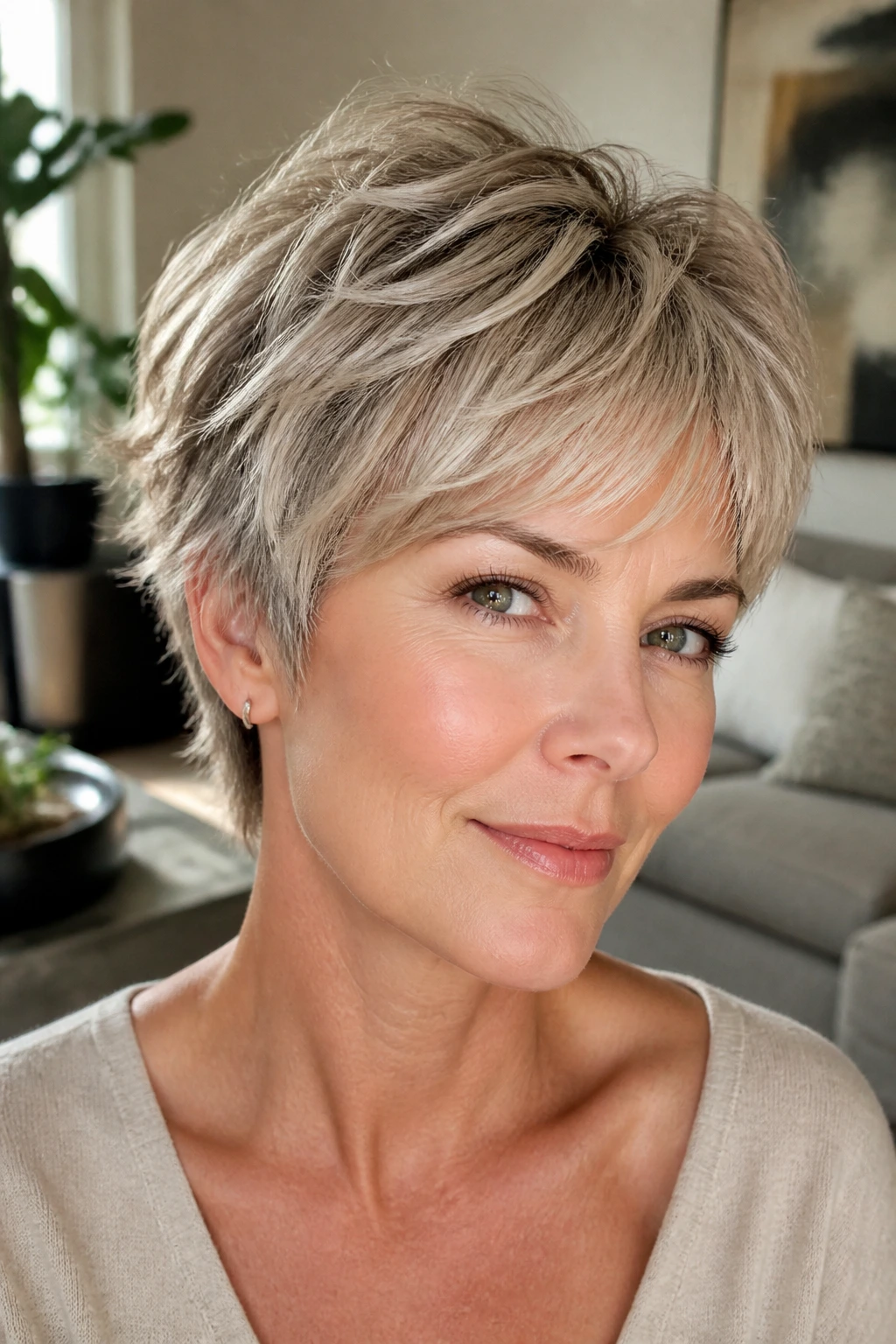 Portrait of a woman with feathered layered pixie hairstyle in sunlit room