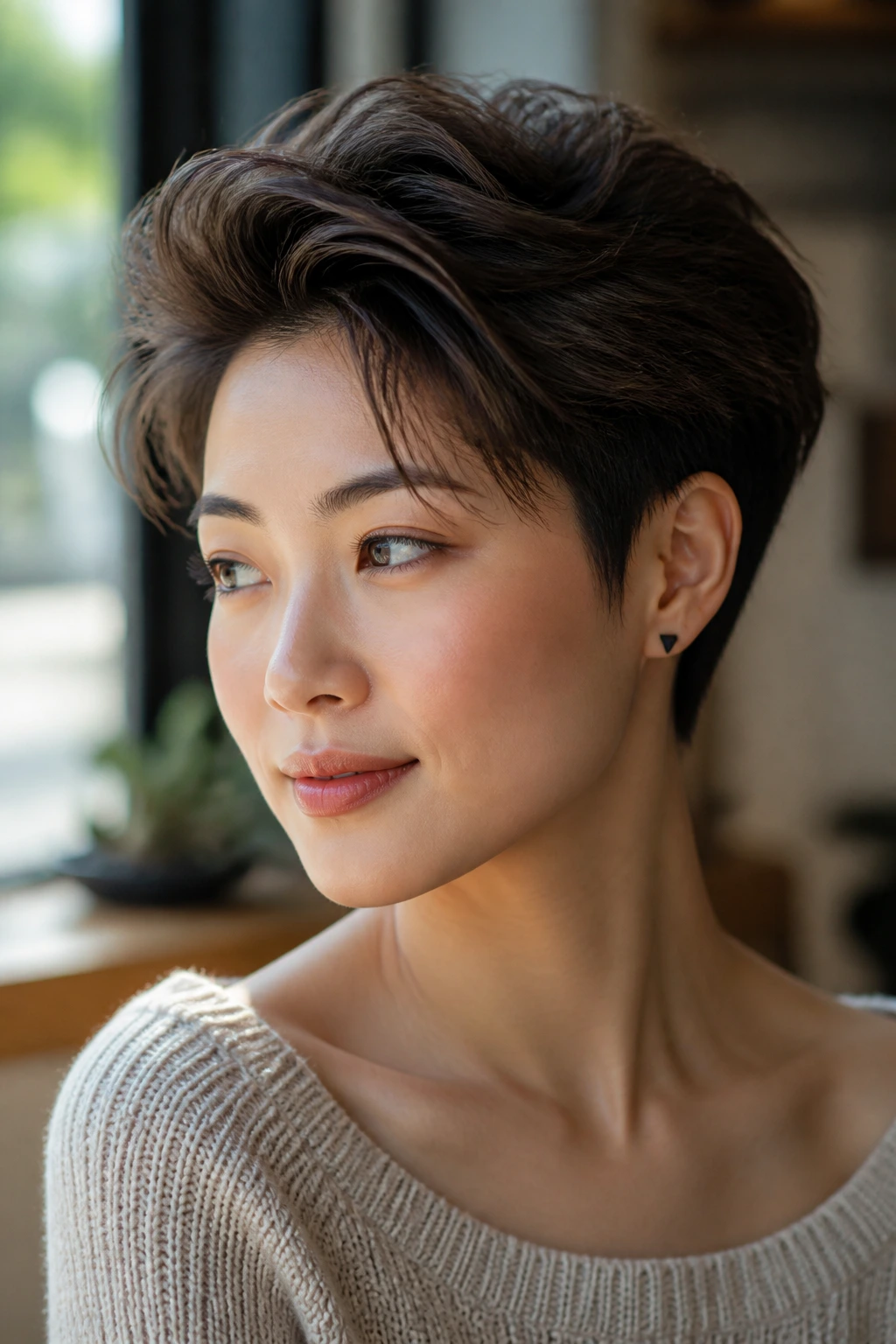 Close-up portrait of an Asian woman with a feathered layered quiff