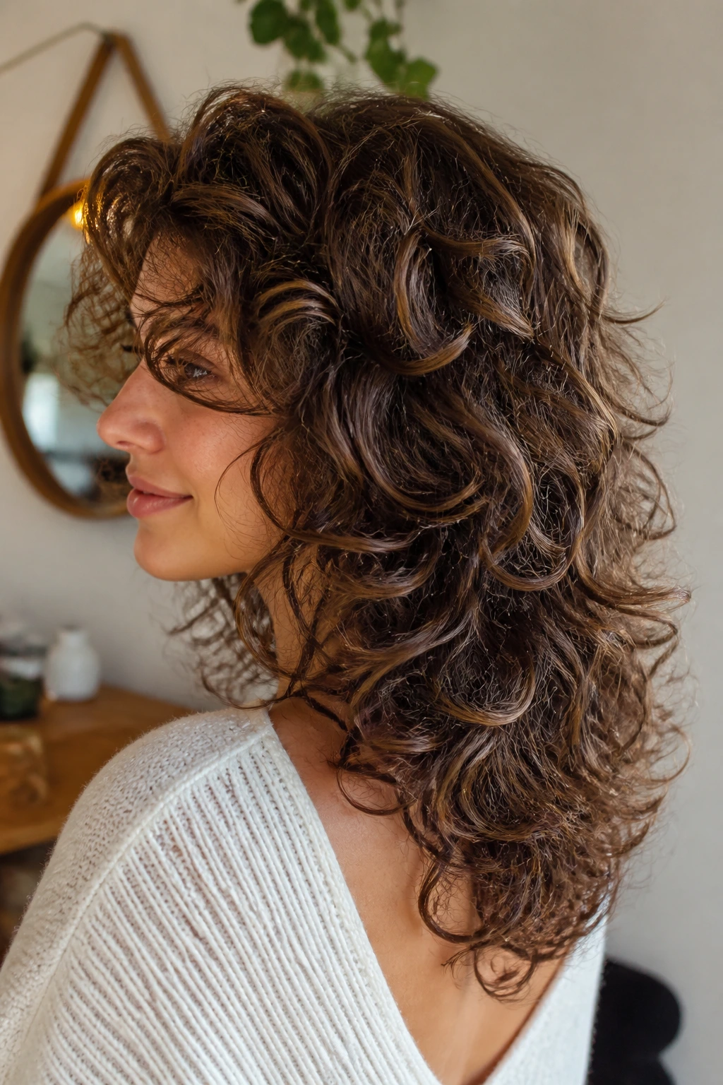 Close-up of feathered stacked layers creating airy movement in curly hair on a real person