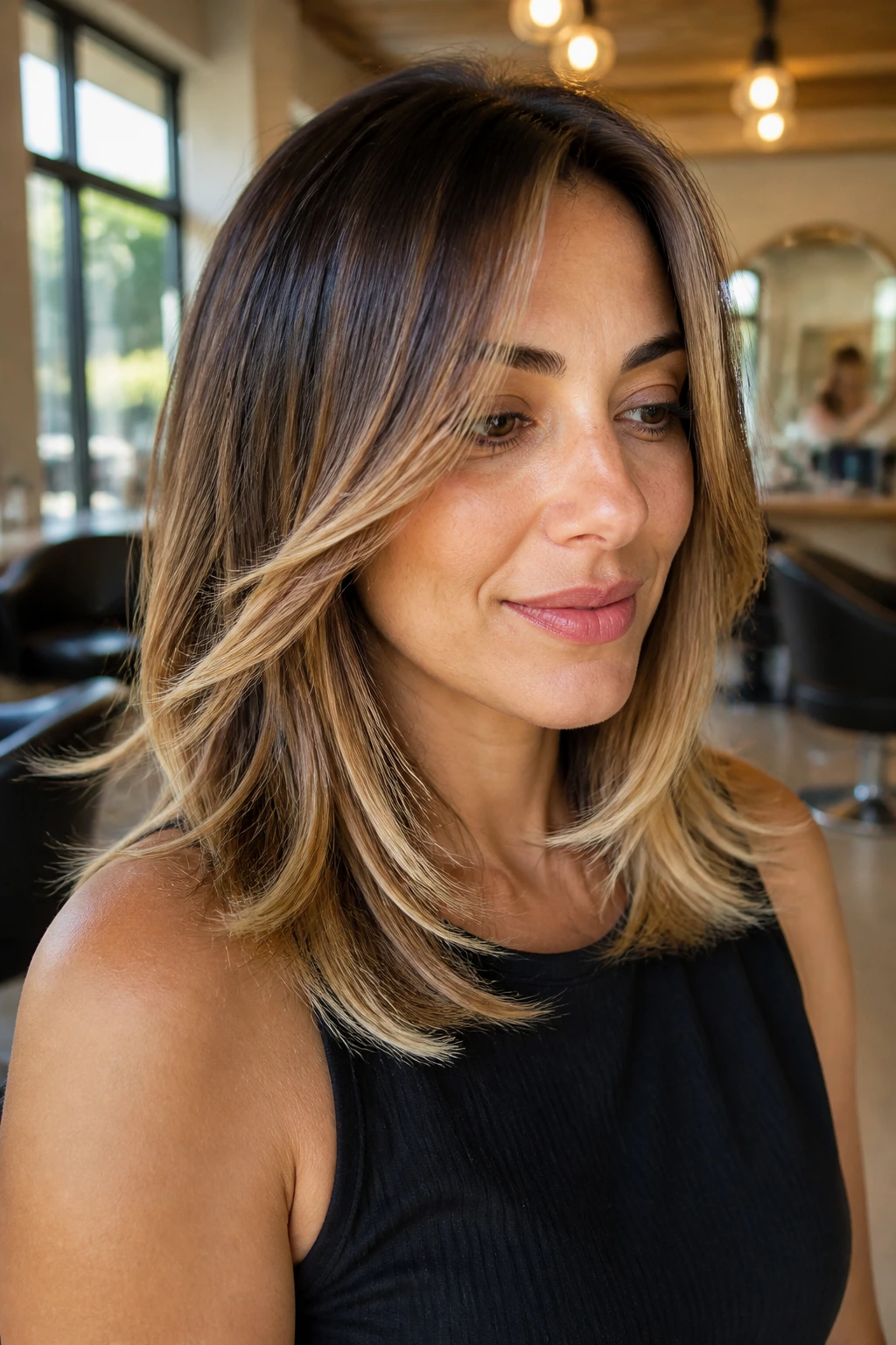 Close-up of a real person with shoulder-length feathered hair and balayage framing the face in a sunlit salon