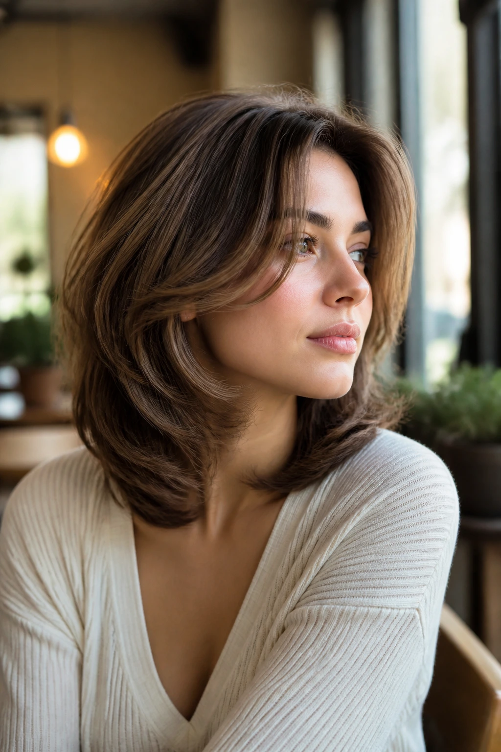 Close-up of a real person with feathered layers and bent ends hairstyle in natural light