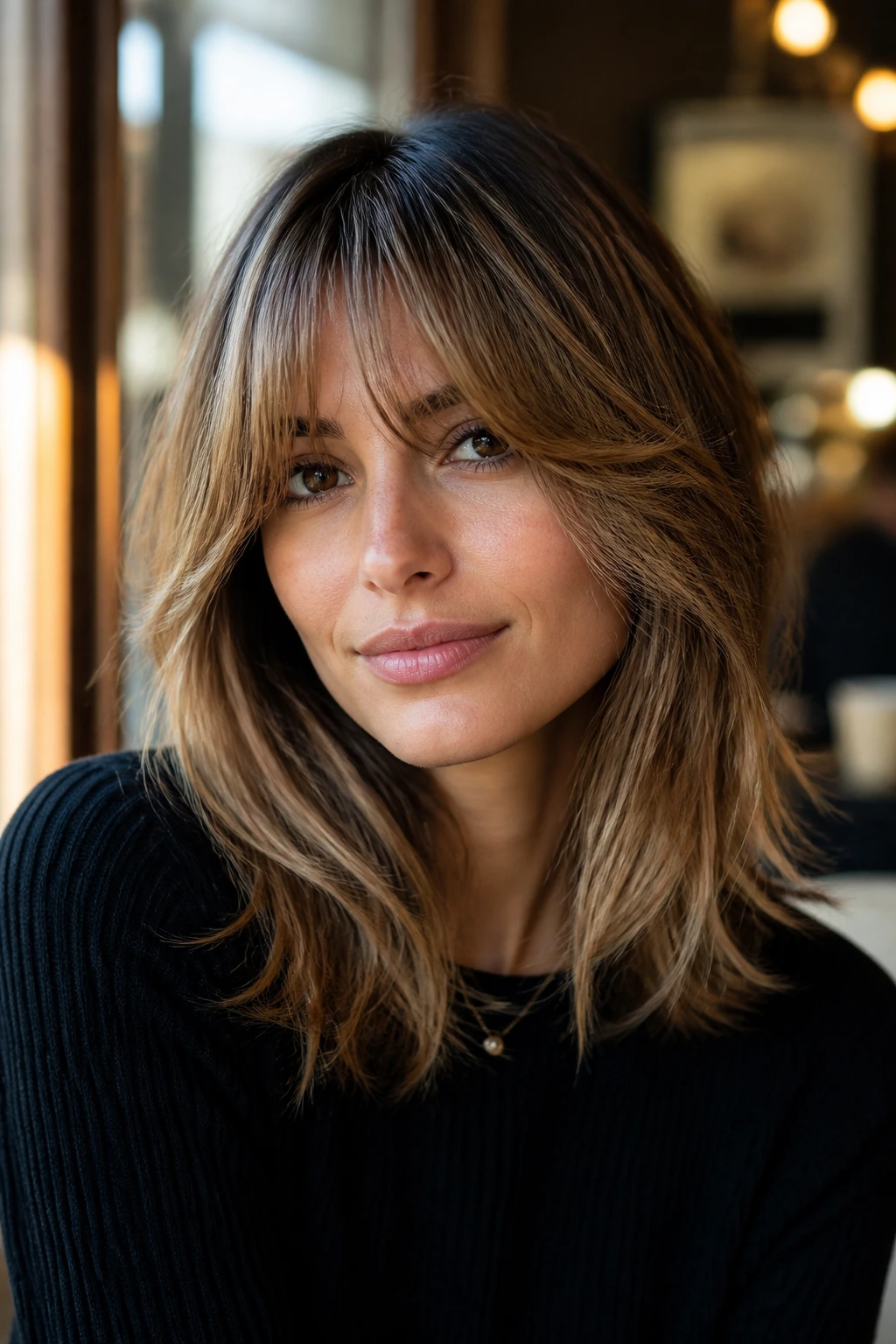 Close-up of a real woman with bottleneck bangs and feathered layers