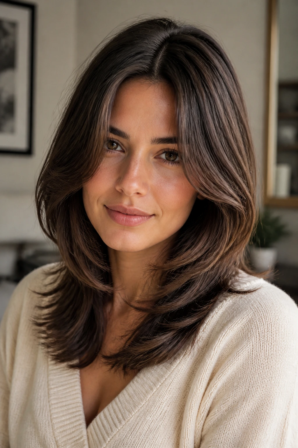 Close-up of a real person with center-parted feathered layers