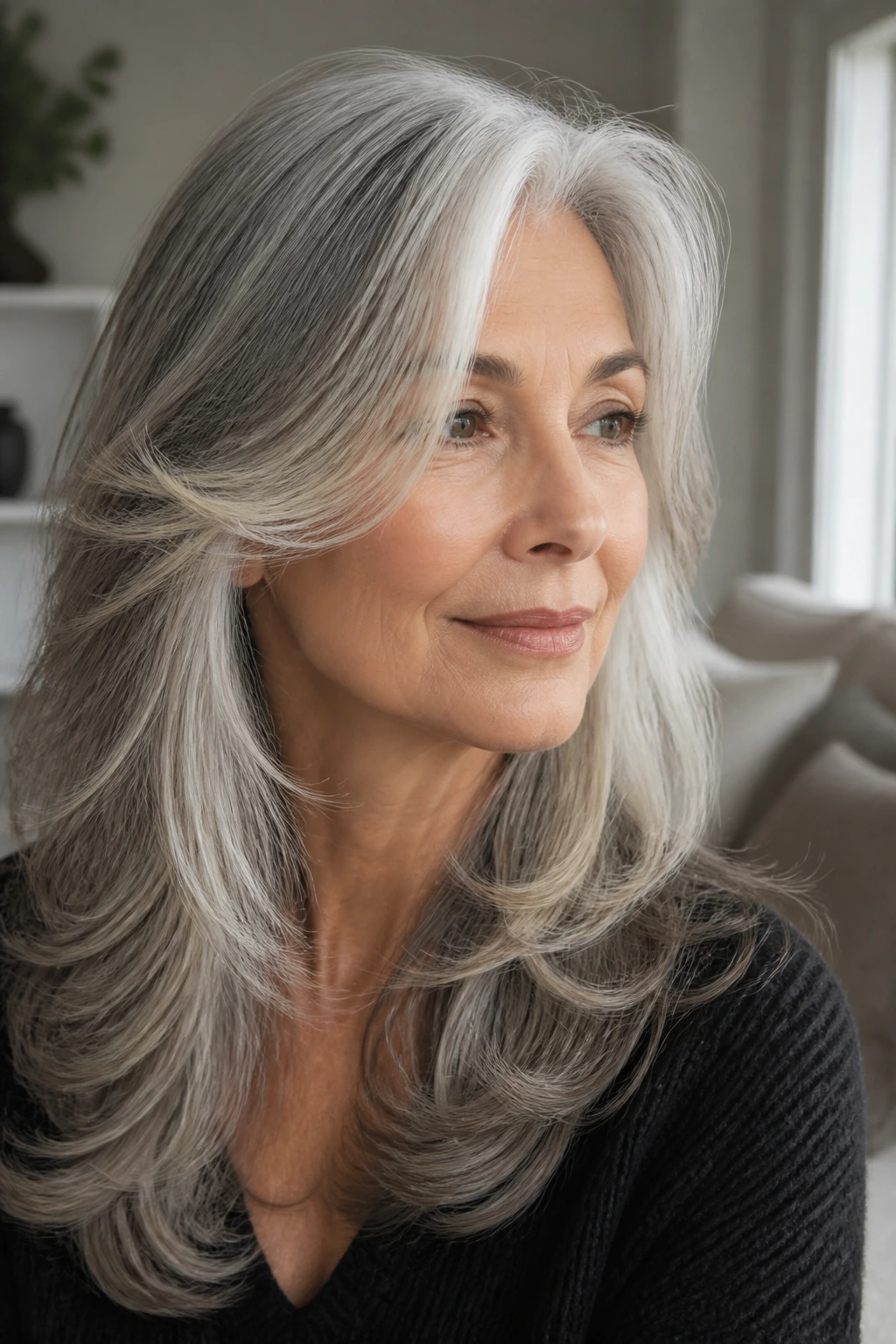 Close-up of a real woman with feathered layers framing the cheeks in soft indoor light