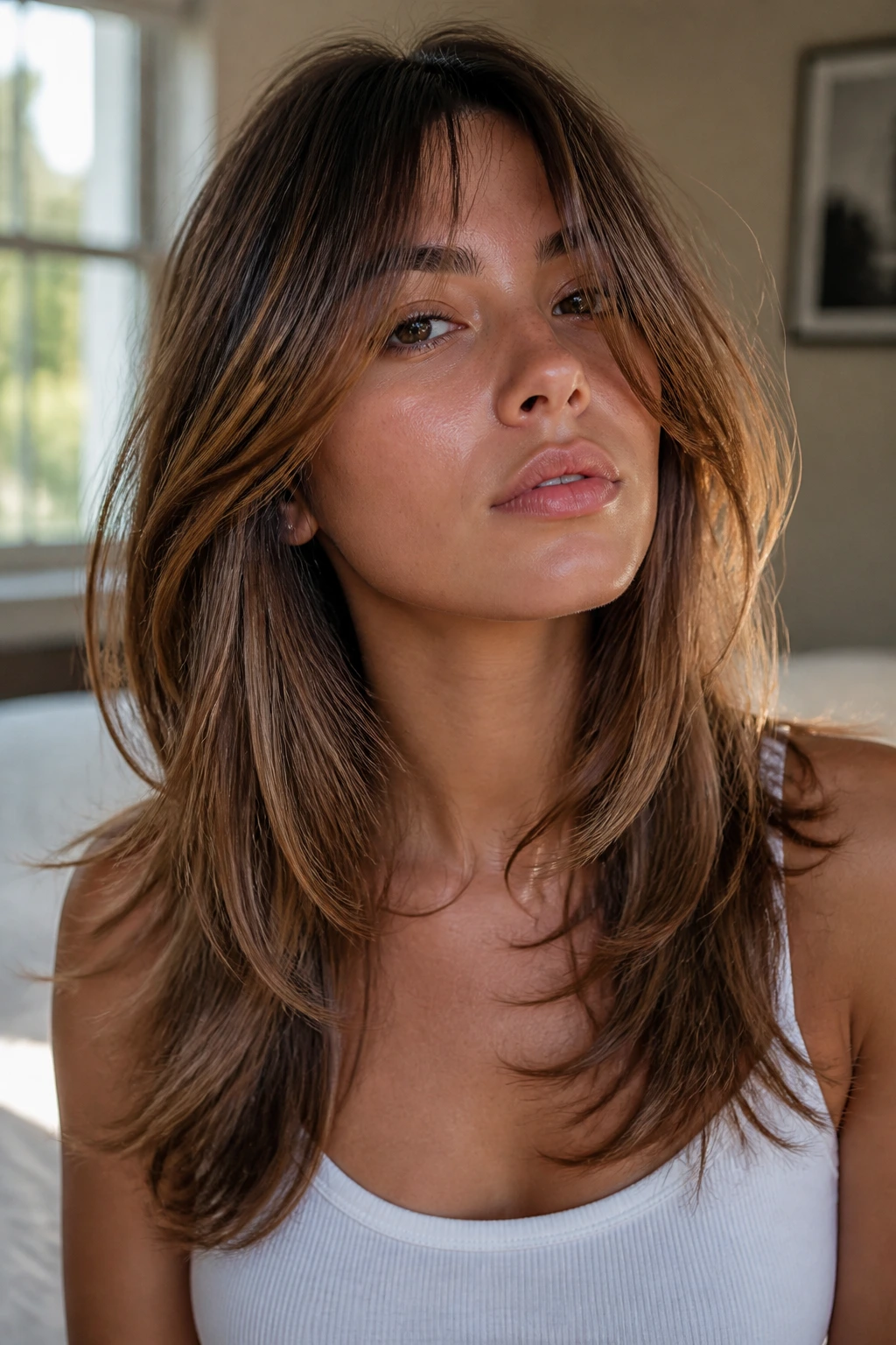 Portrait of a real woman with long feathered layers past the collarbone