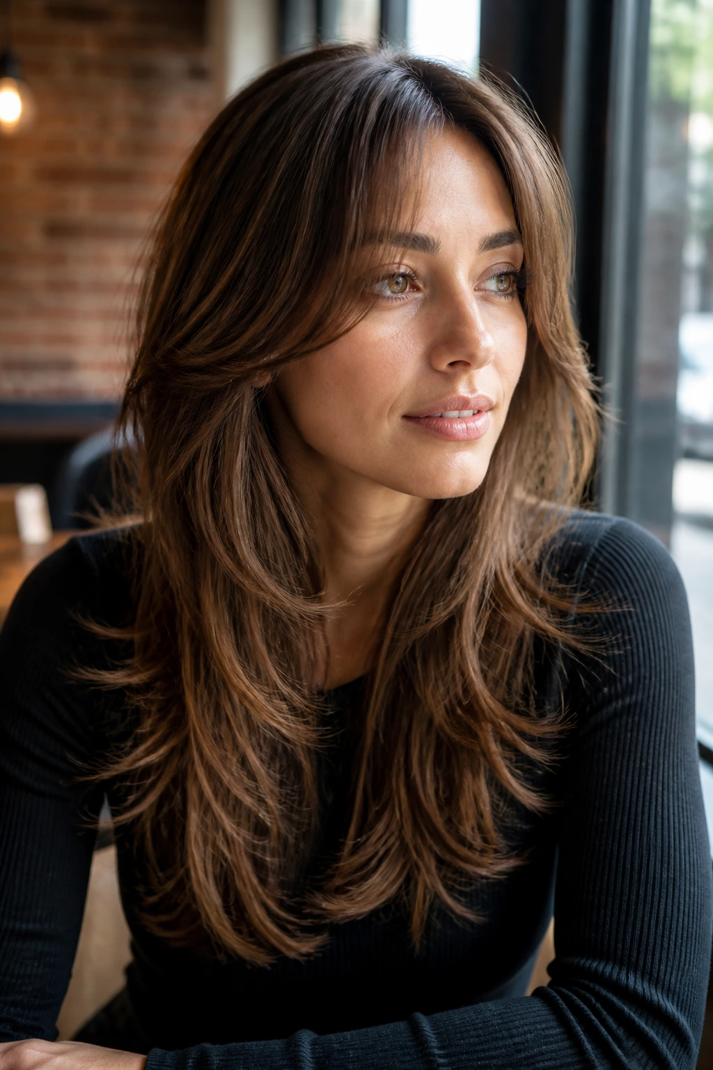 Close-up of a real woman with feathered layers and long front pieces framing the cheeks