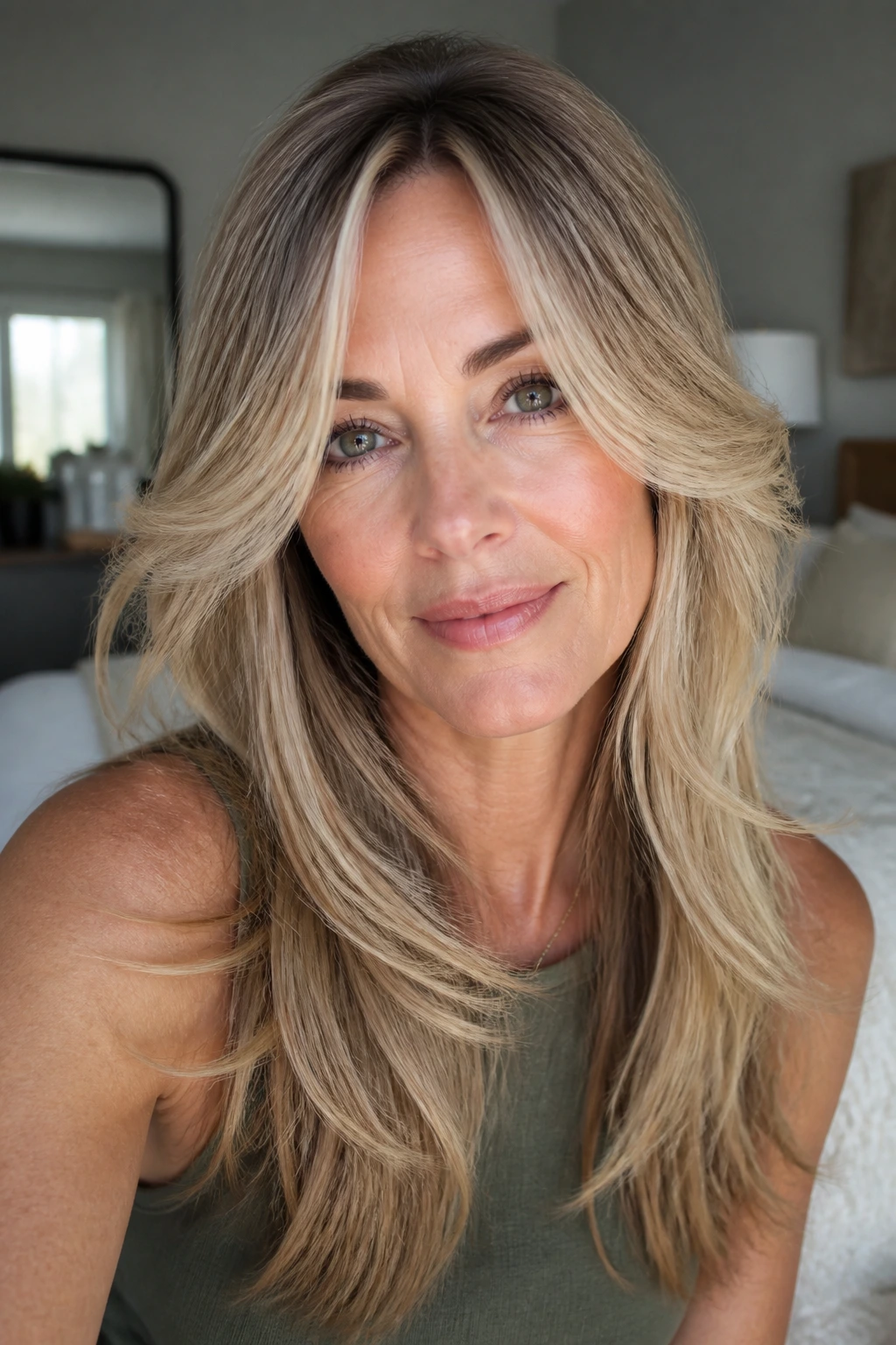 Close-up of a real woman with feathered face-framing layers in a sunlit room