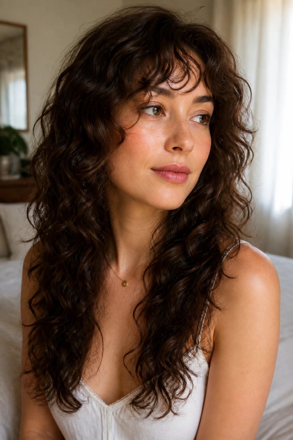Close-up of a real woman with feathered layers on fine curls under soft daylight.