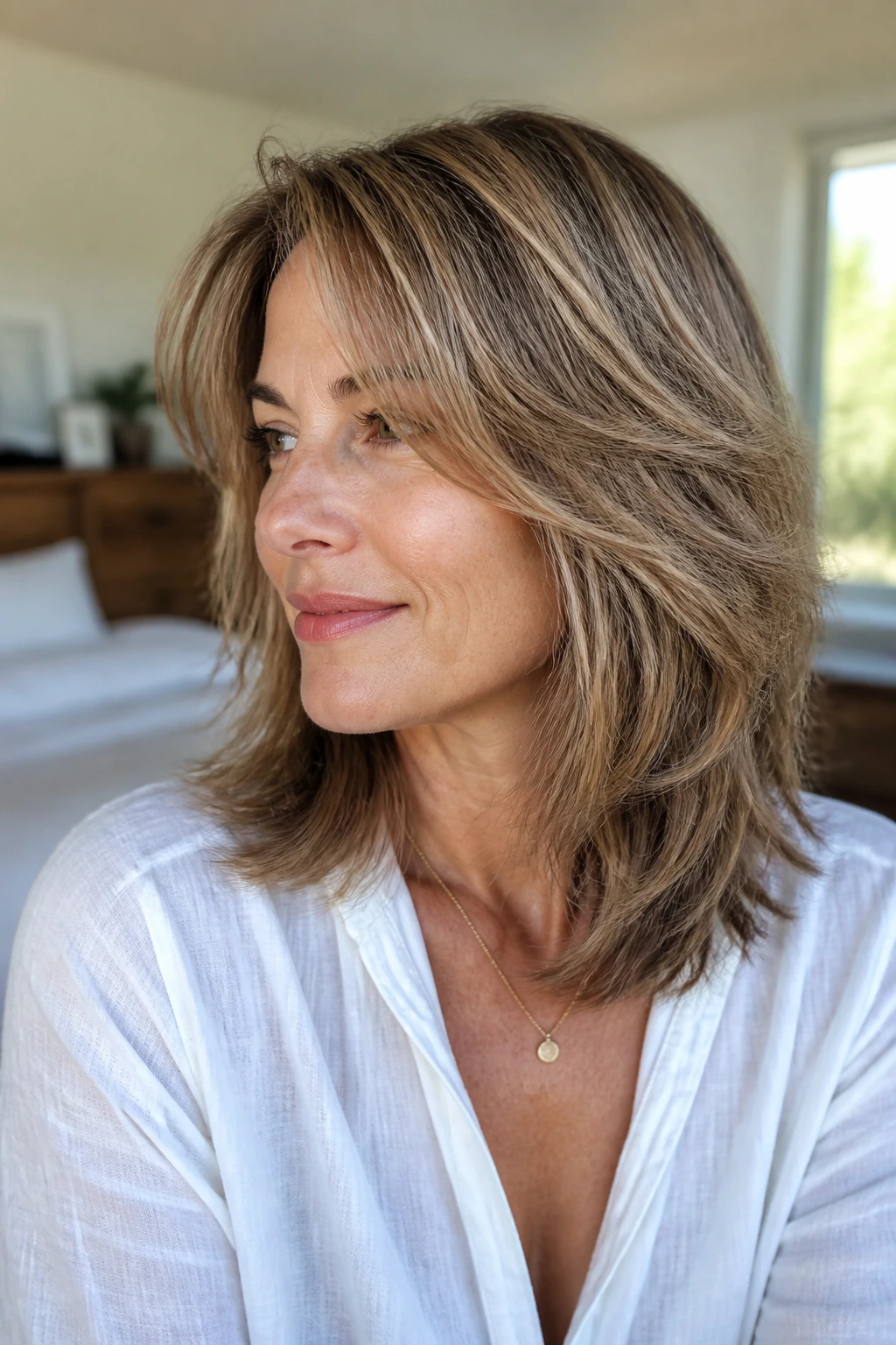 Close-up of a real woman with feathered layers on fine hair under natural window light